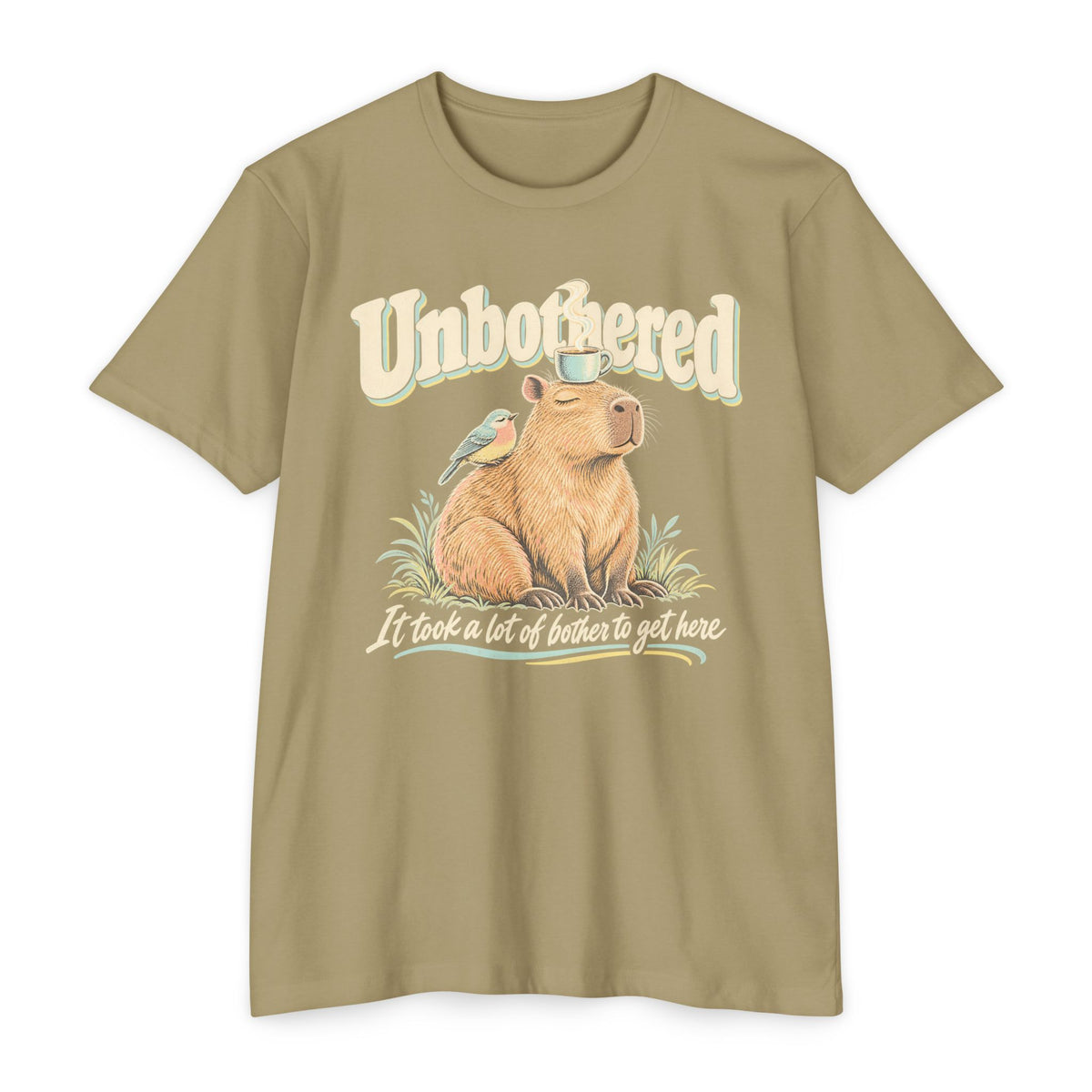Light olive T-shirt with unbothered capybara holding a coffee cup graphic