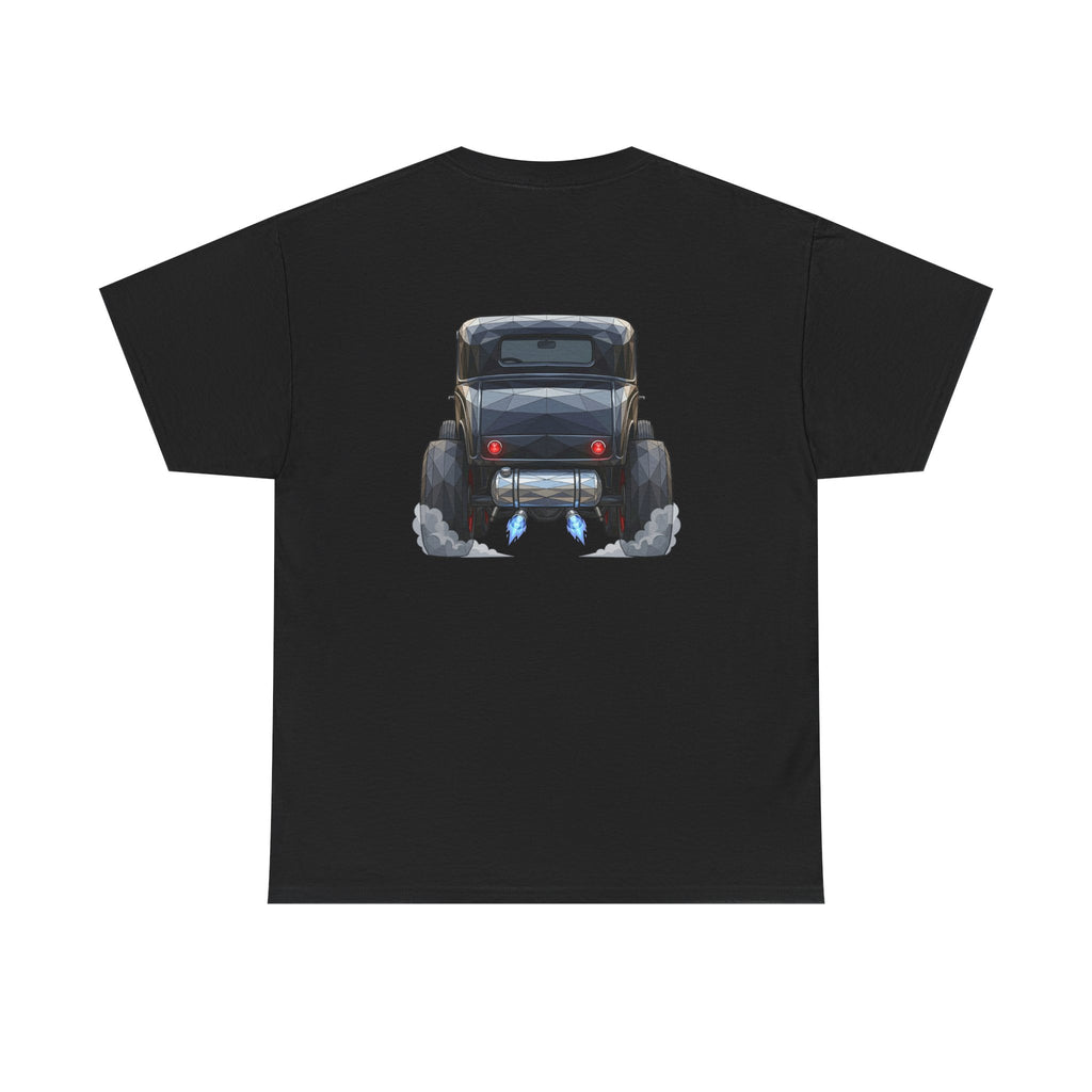 Black T-shirt with vintage hot rod rear graphic on the chest