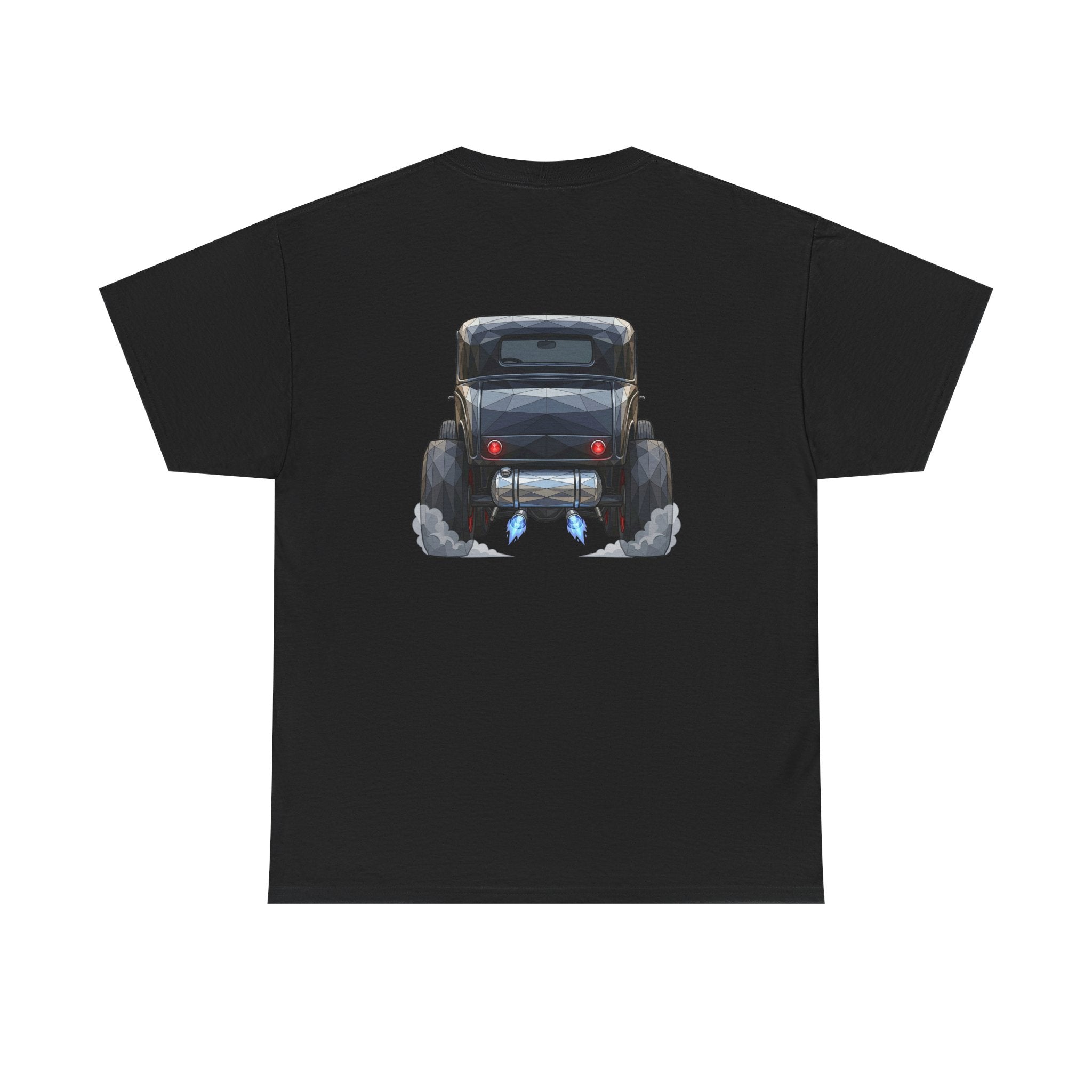 Black T-shirt with vintage hot rod rear graphic on the chest
