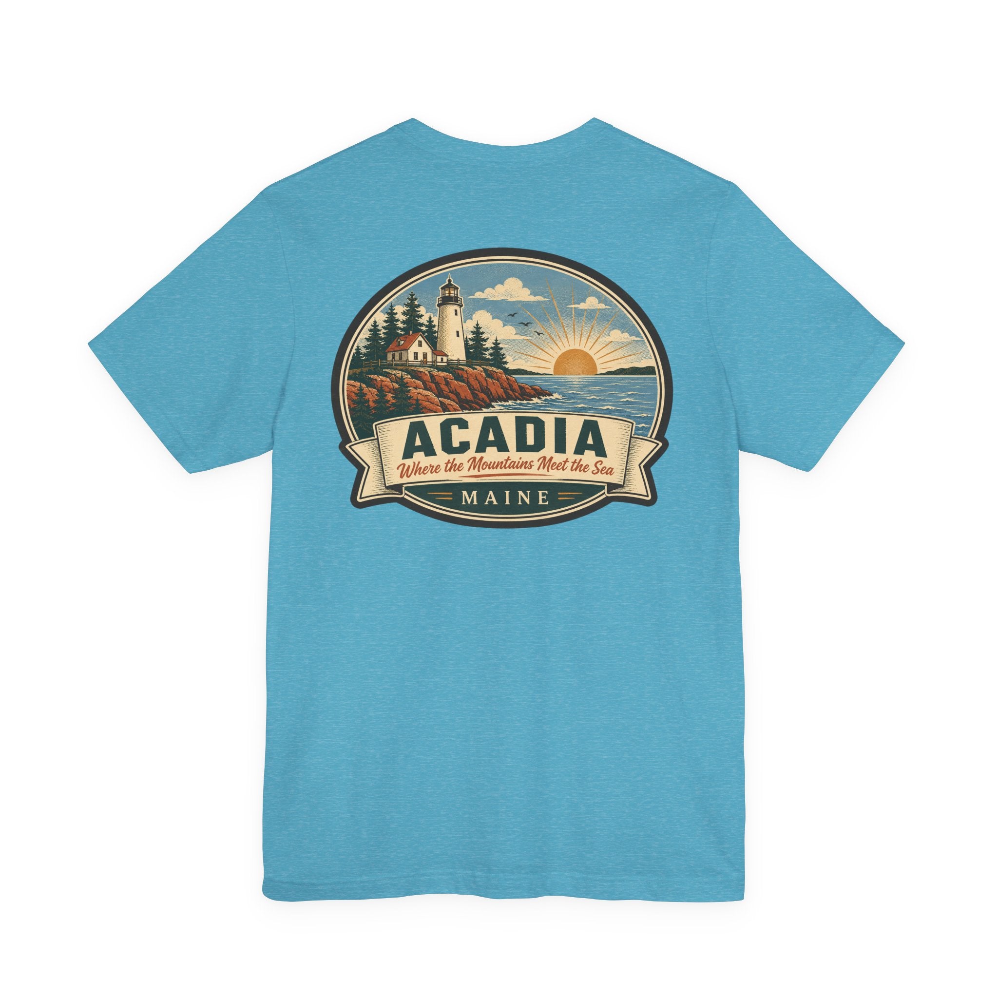 Heather aqua Acadia lighthouse graphic t-shirt with large round emblem on chest
