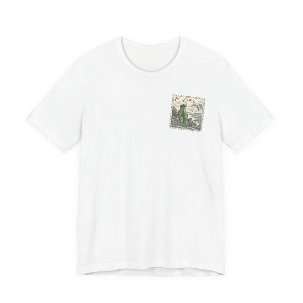 White travel t-shirt with small vintage postage-stamp castle graphic on chest