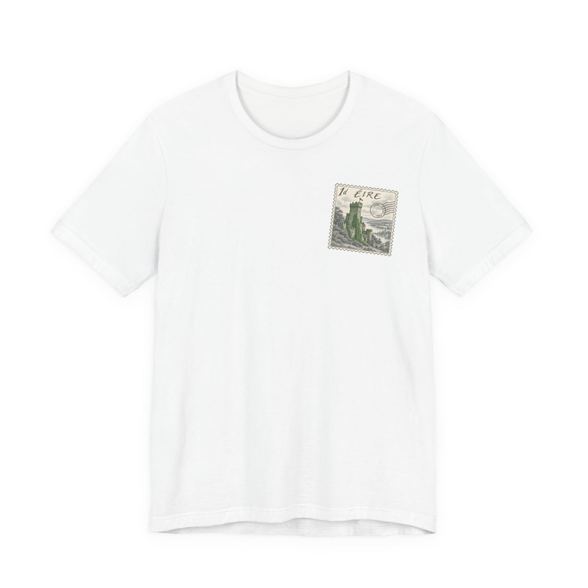 White travel t-shirt with small vintage postage-stamp castle graphic on chest