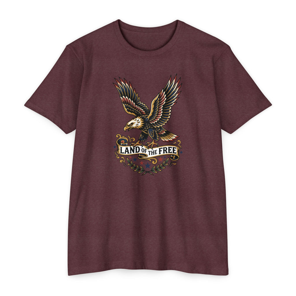 Graphic eagle T-shirt, dark maroon crew neck with colorful badge logo