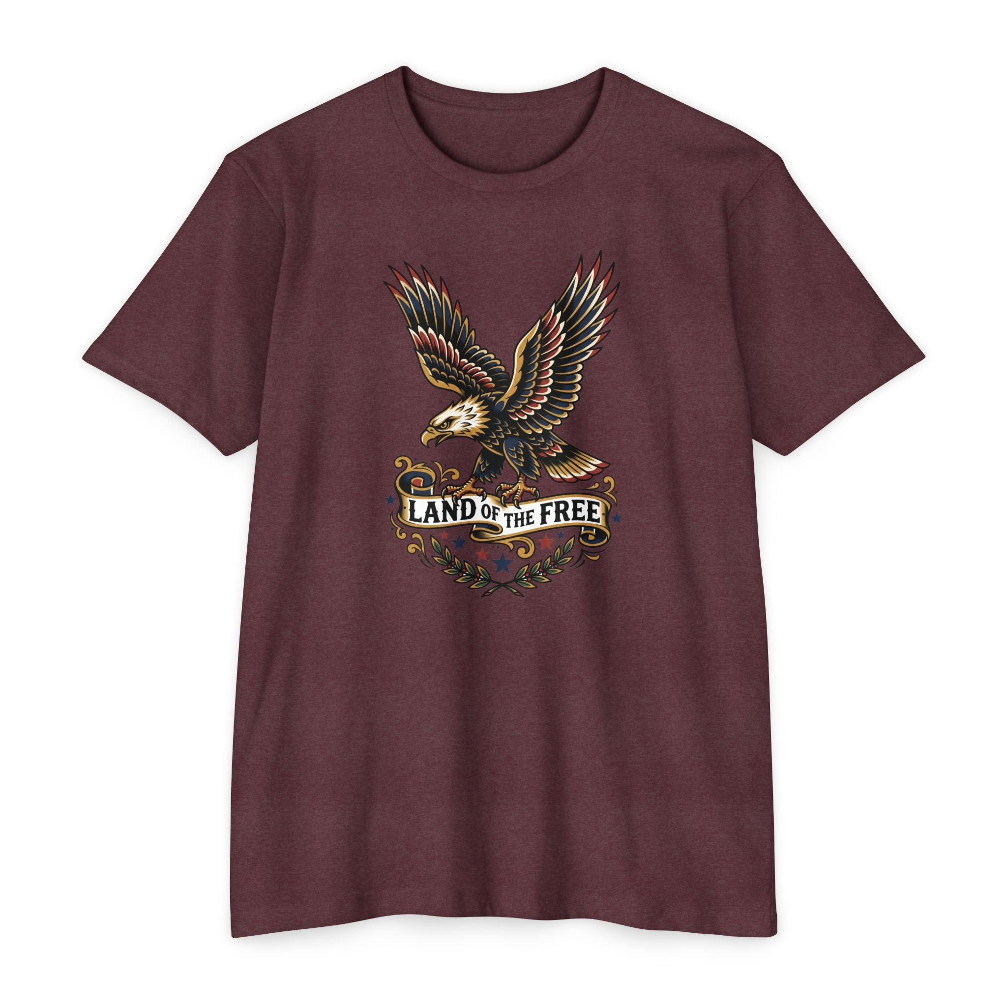 Graphic eagle T-shirt, dark maroon crew neck with colorful badge logo