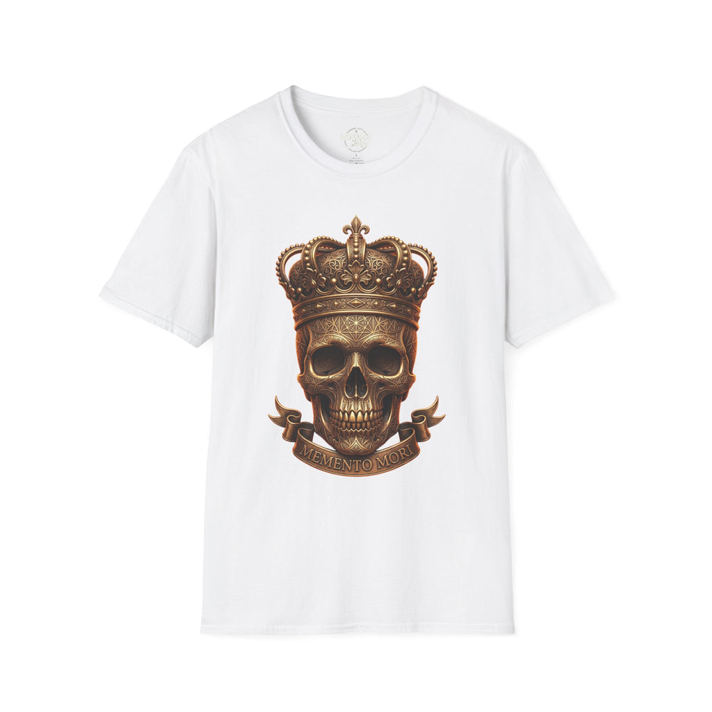 White Crowned Skull T-Shirt: gold crown skull graphic with banner