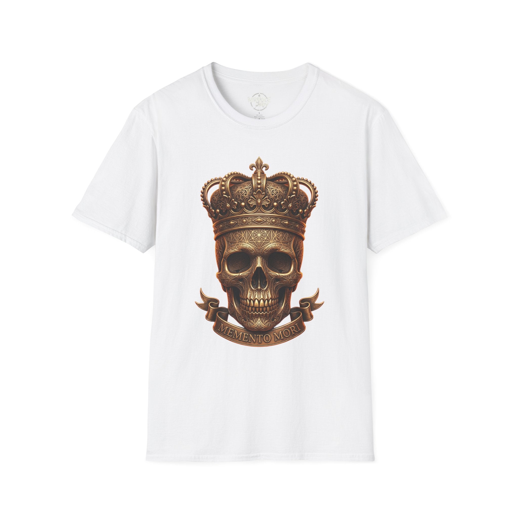 White Crowned Skull T-Shirt: gold crown skull graphic with banner