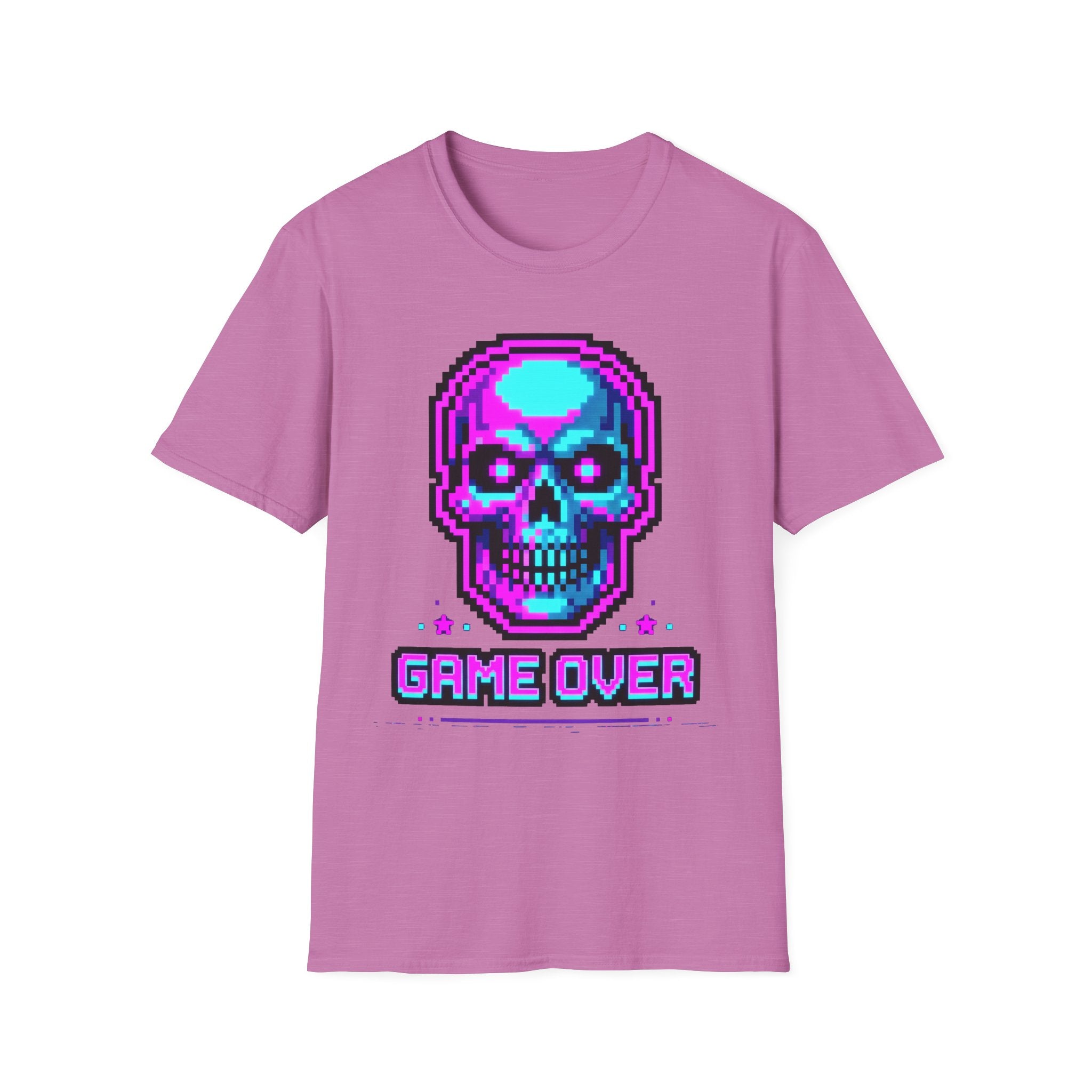 Heather purple t-shirt with pixel skull headphones graphic and 'GAME OVER' text