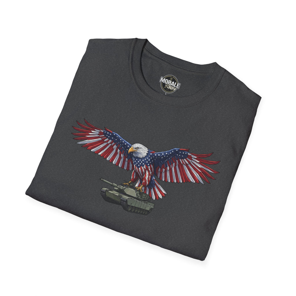 Dark gray T-shirt with bald eagle and American flag wings over an M1 tank graphic