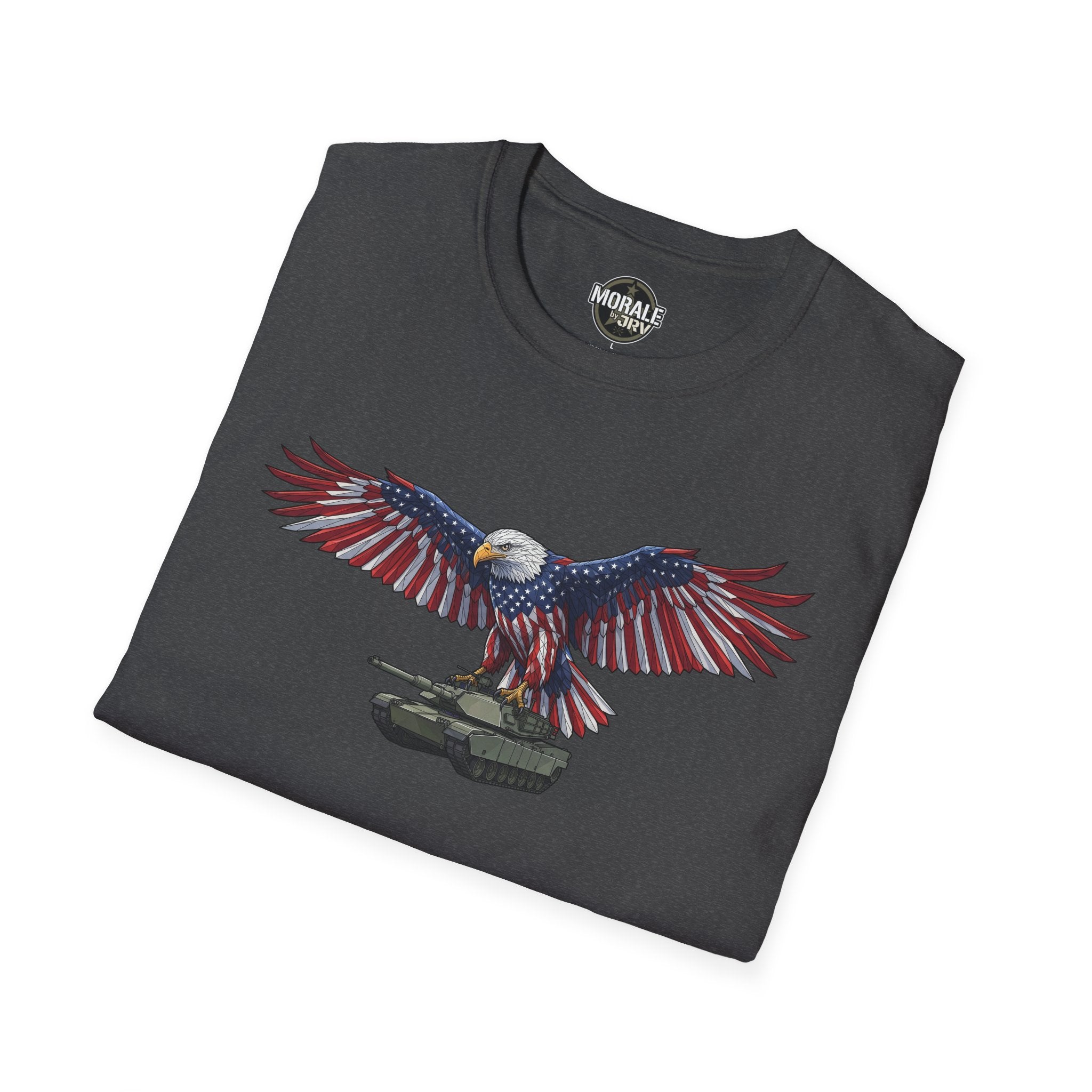 Dark gray T-shirt with bald eagle and American flag wings over an M1 tank graphic