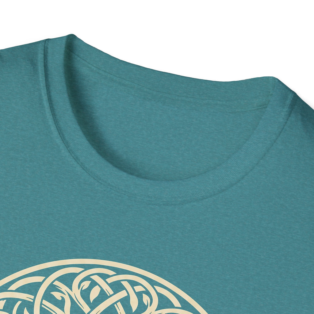 Teal T-shirt neckline with partial Celtic knotwork circle graphic