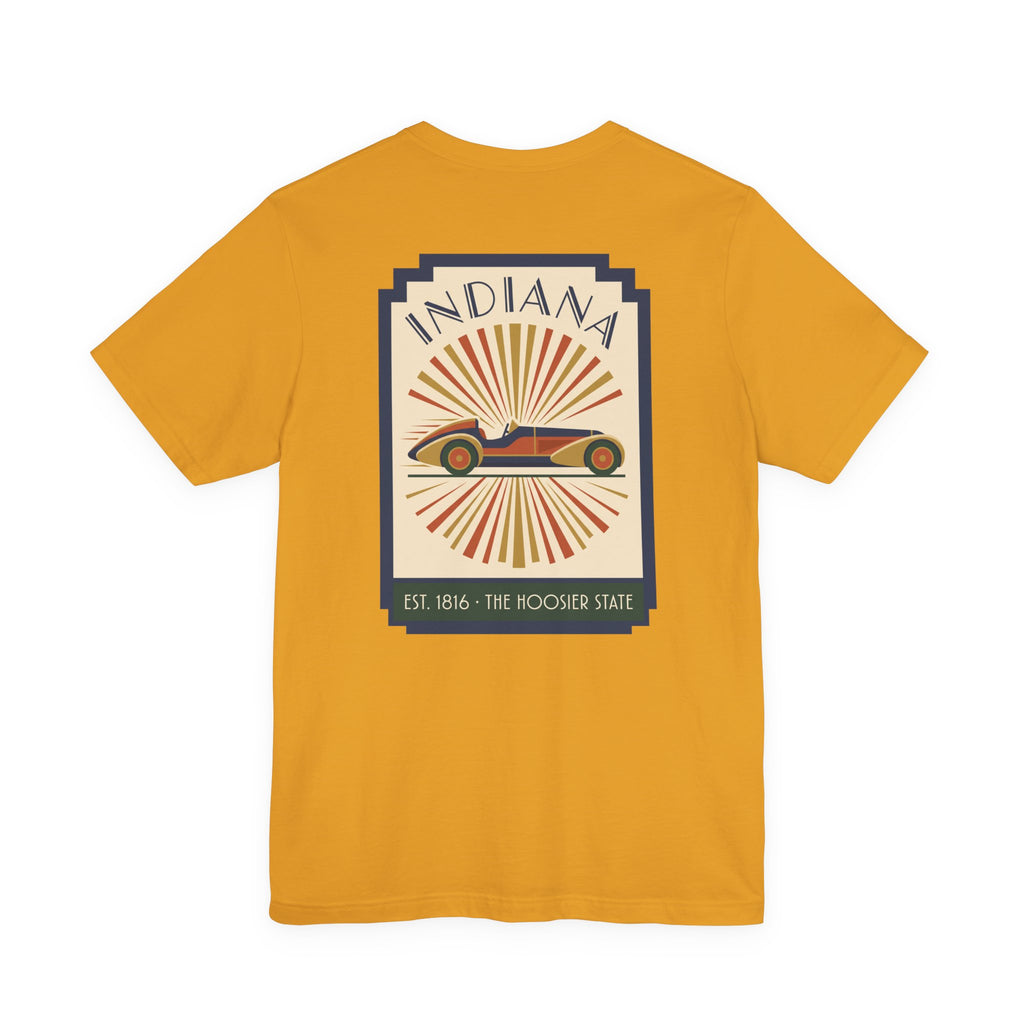 Mustard yellow T-shirt with centered vintage Indiana racecar graphic in a square frame.