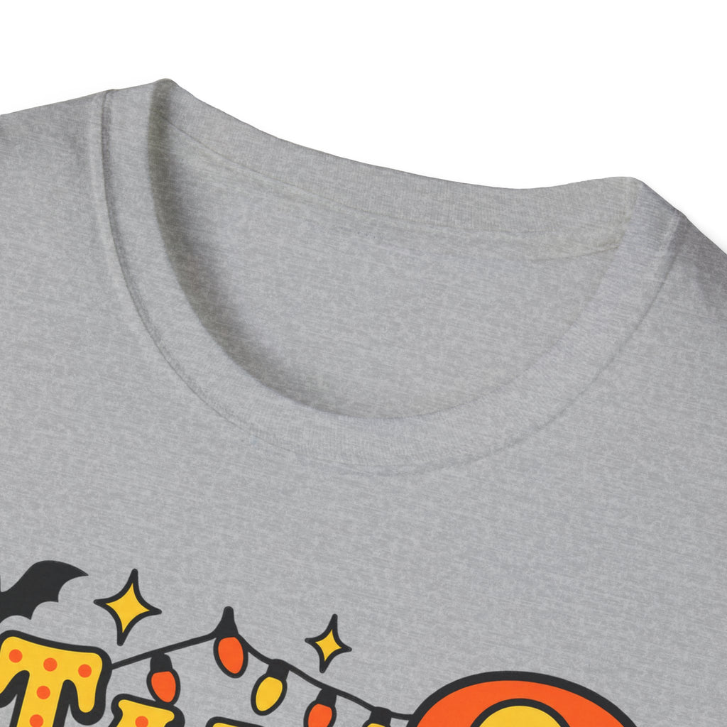 Gray Halloween T-shirt neckline with partial ghost-and-lights graphic at chest