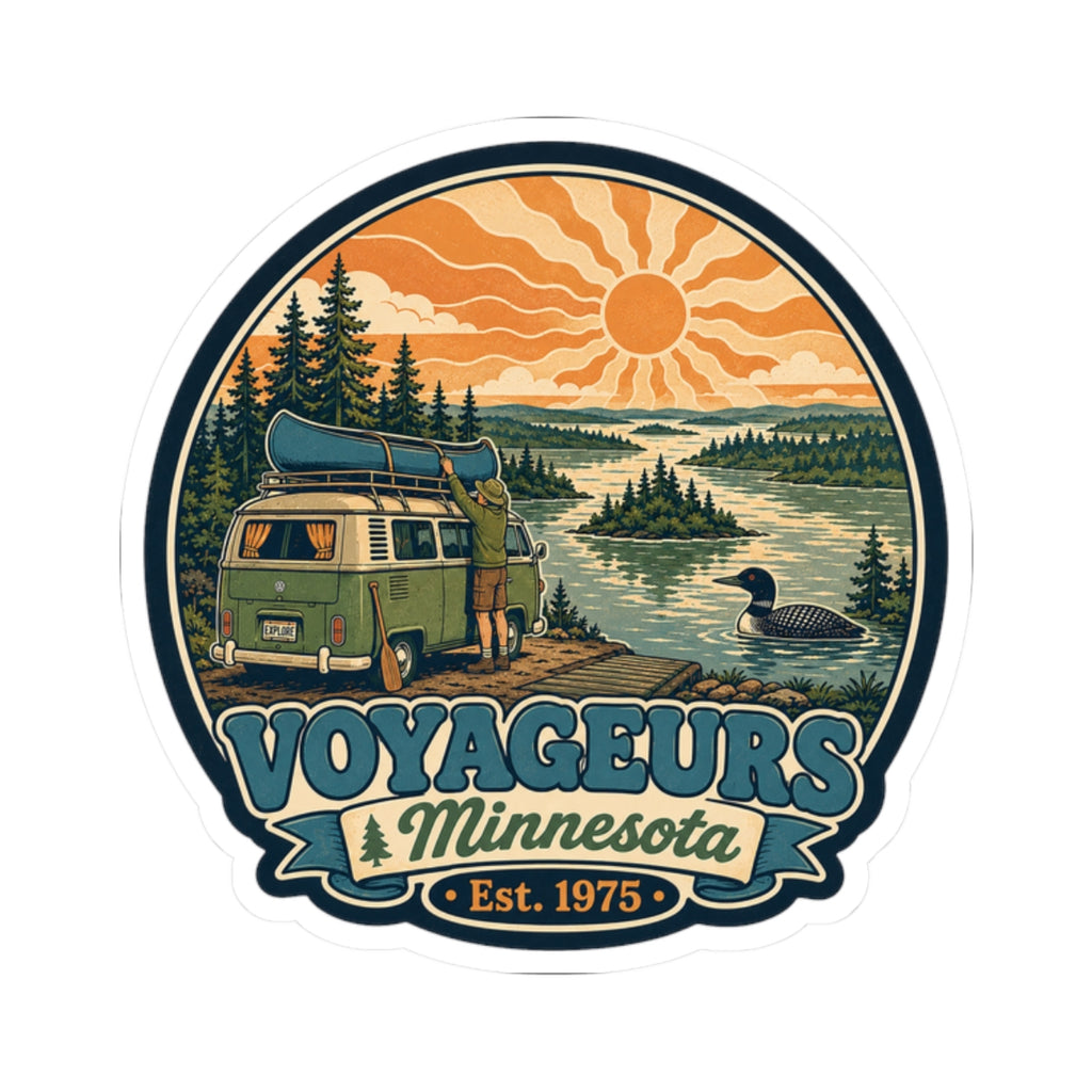Round die-cut sticker with vintage-style green camper van, pines, lake and orange sun; Est. 1975