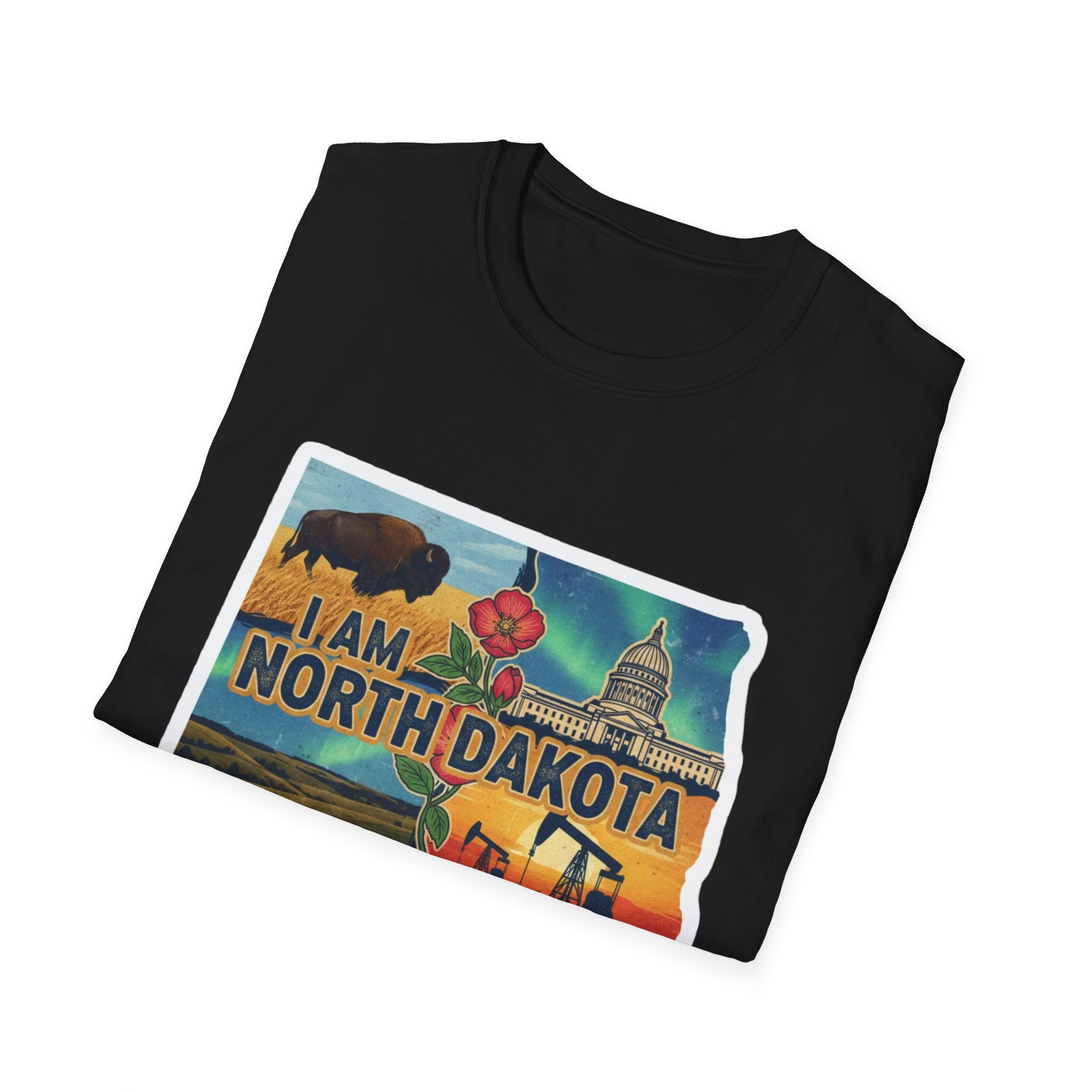 Black T-shirt with “I Am North Dakota” bison and capitol graphic