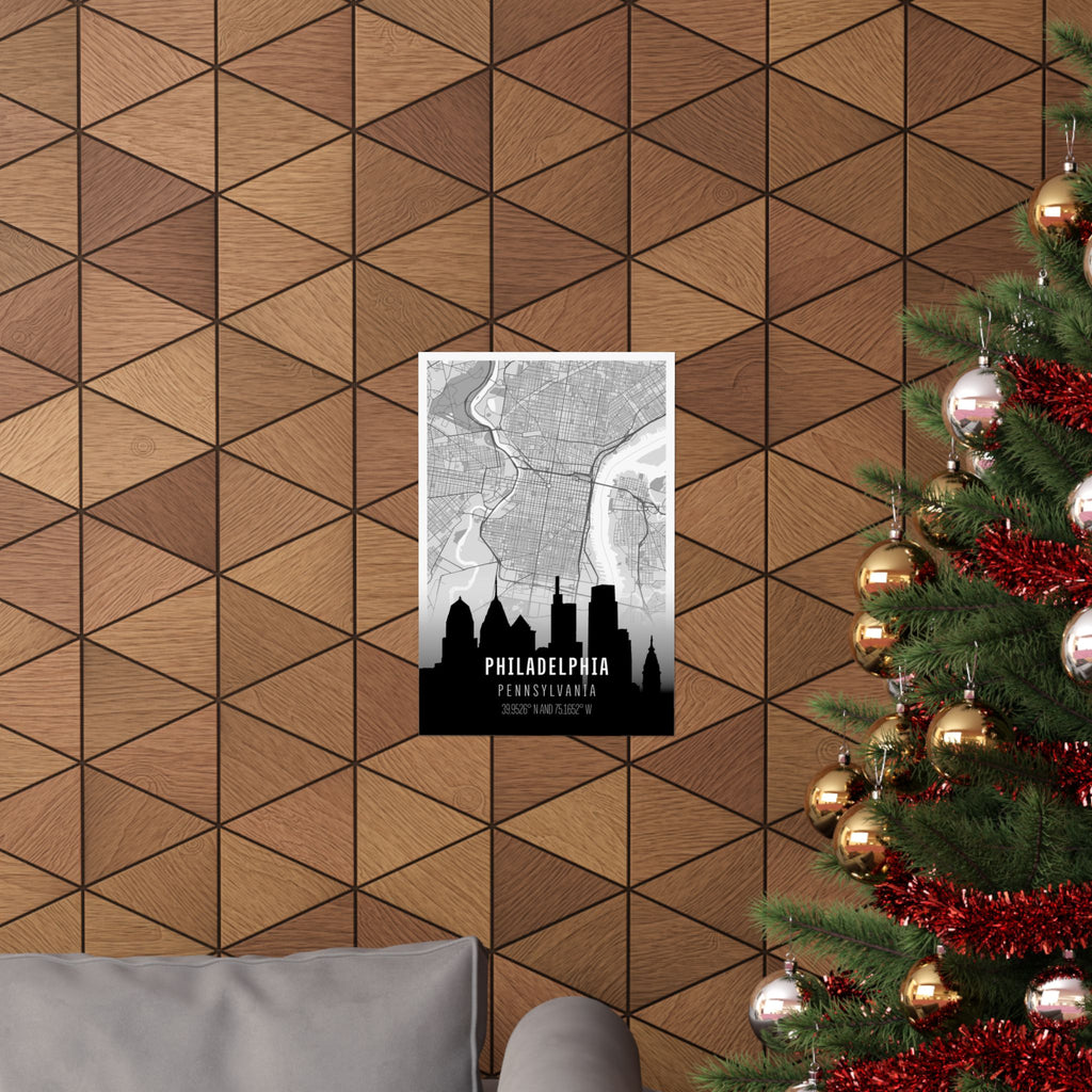 Philadelphia skyline map poster featuring city grid lines, skyline silhouette, and PA coordinates