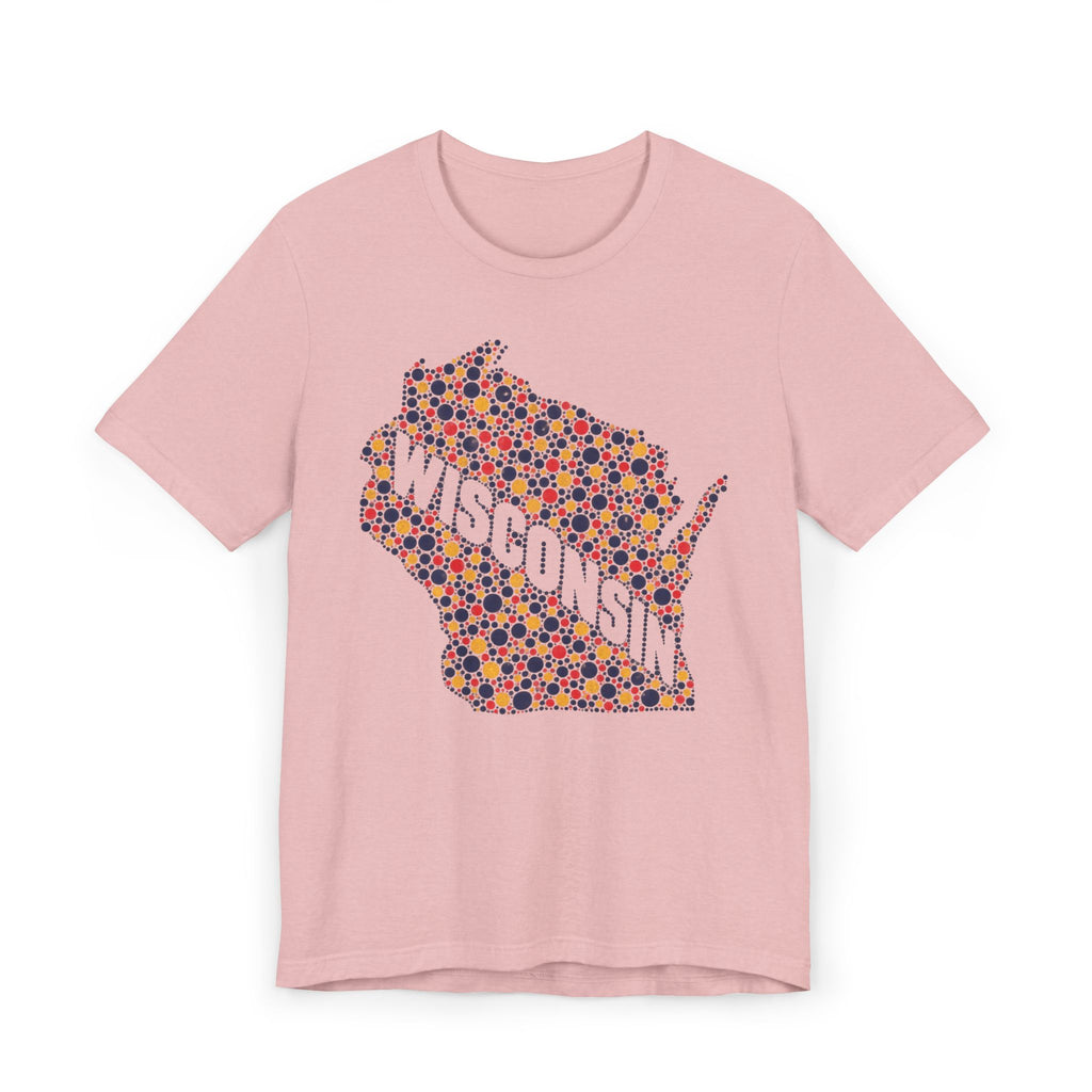 Dusty rose Wisconsin map graphic t-shirt with colorful floral dot design