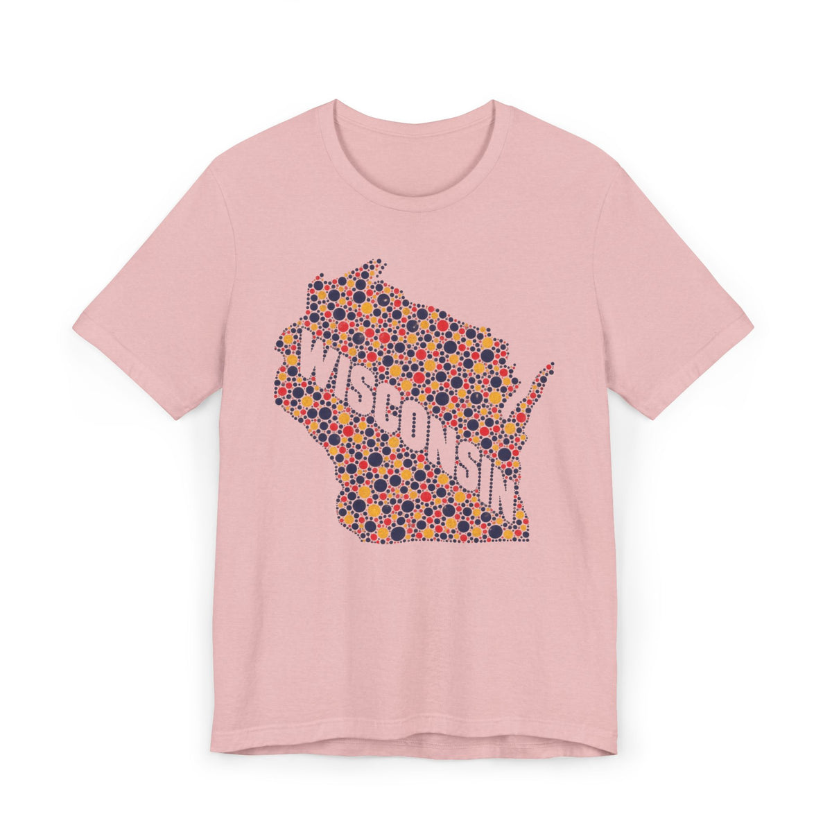 Dusty rose Wisconsin map graphic t-shirt with colorful floral dot design