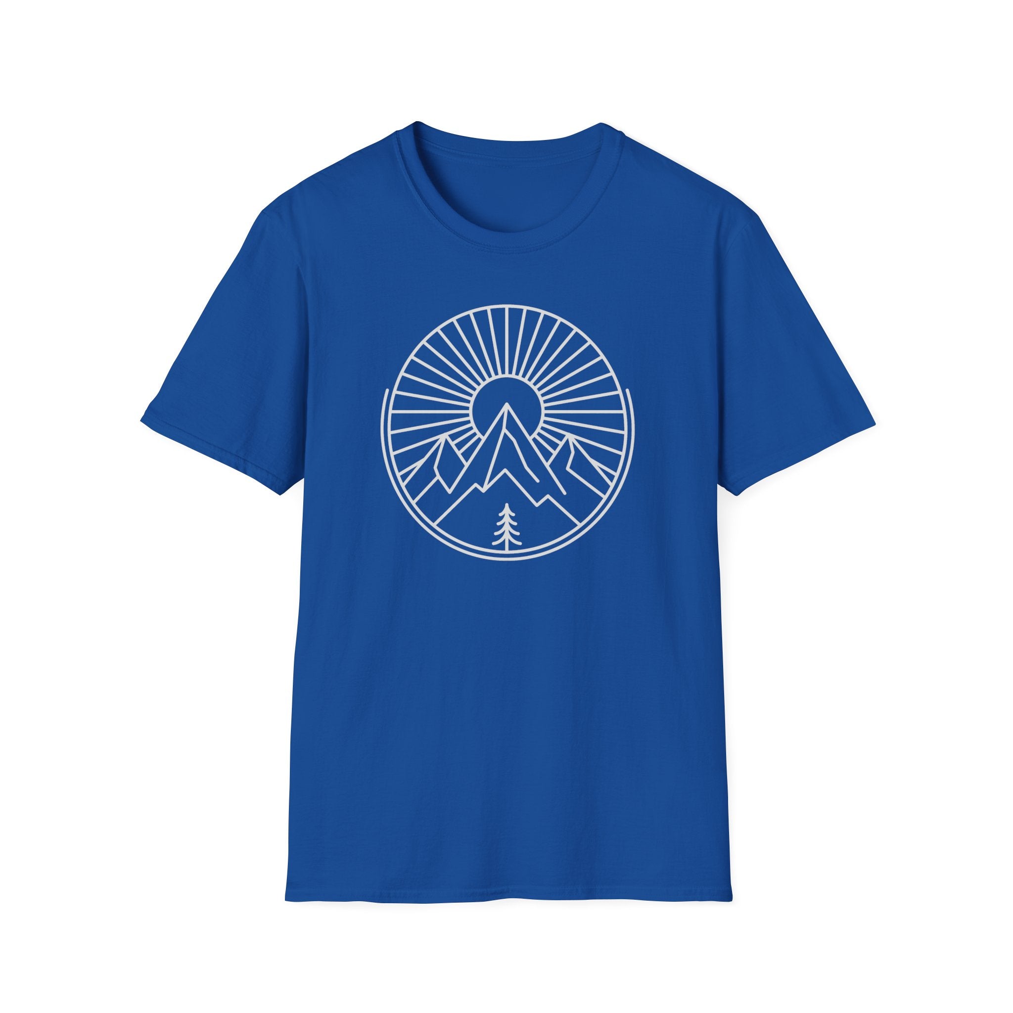 Royal blue unisex t-shirt with white circular mountain-and-tree sunburst graphic