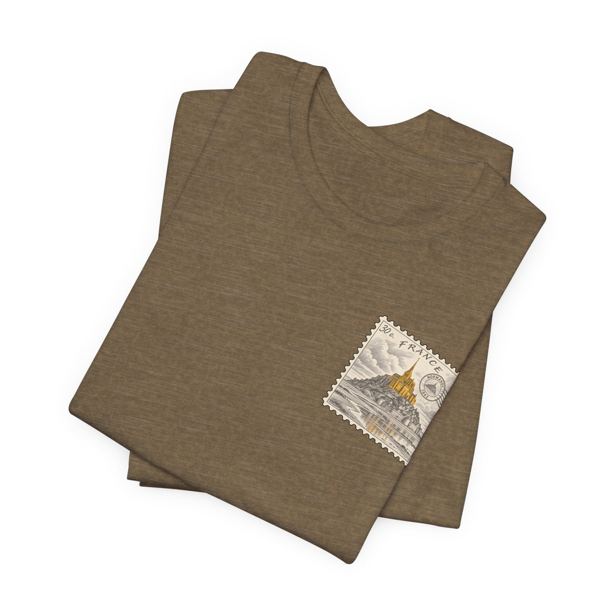 Olive-brown crew-neck T-shirt set with small postage stamp graphic on front