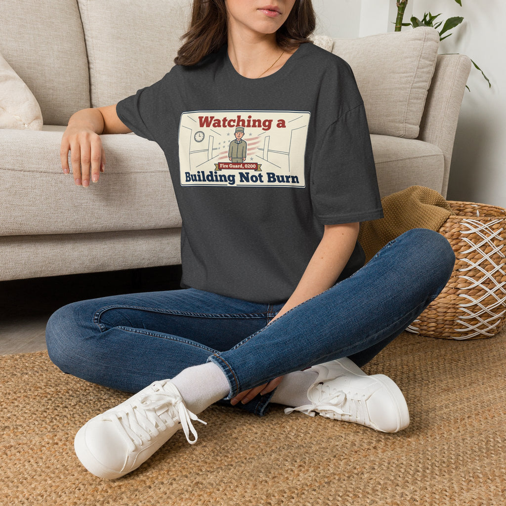 Dark gray graphic t-shirt with fire-watch building sign print, crew neck short sleeves