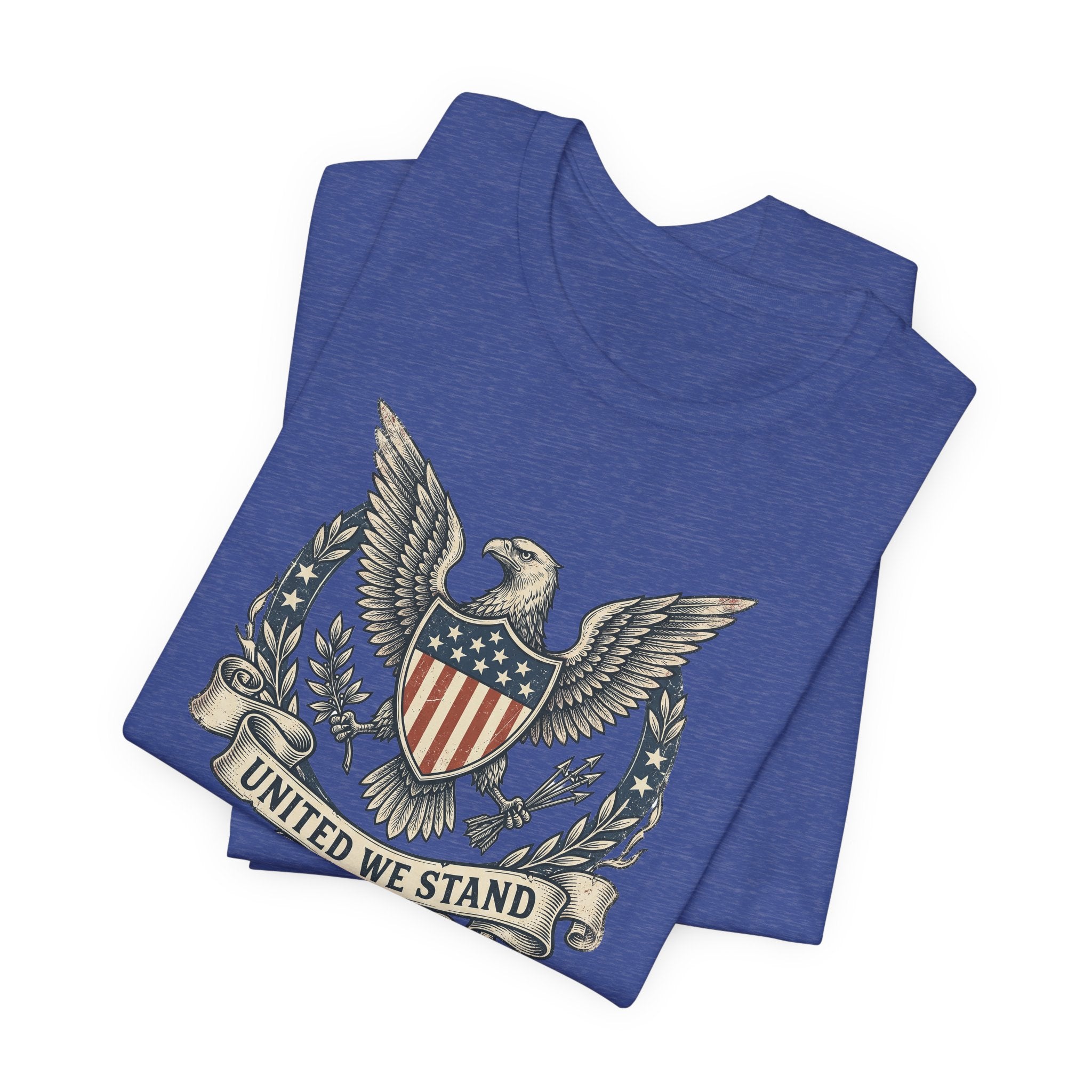 Blue crew-neck T-shirt with eagle and shield "United We Stand" graphic