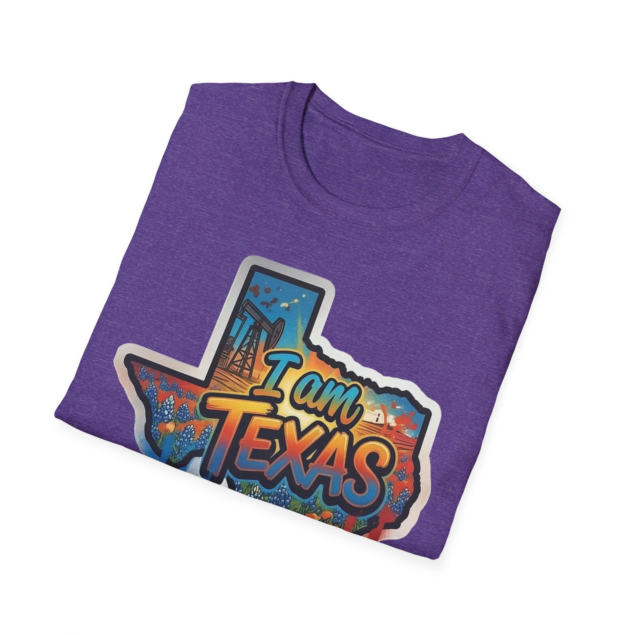 I Am Texas T-shirt, purple heather, state outline graffiti skyline 'I am TEXAS'