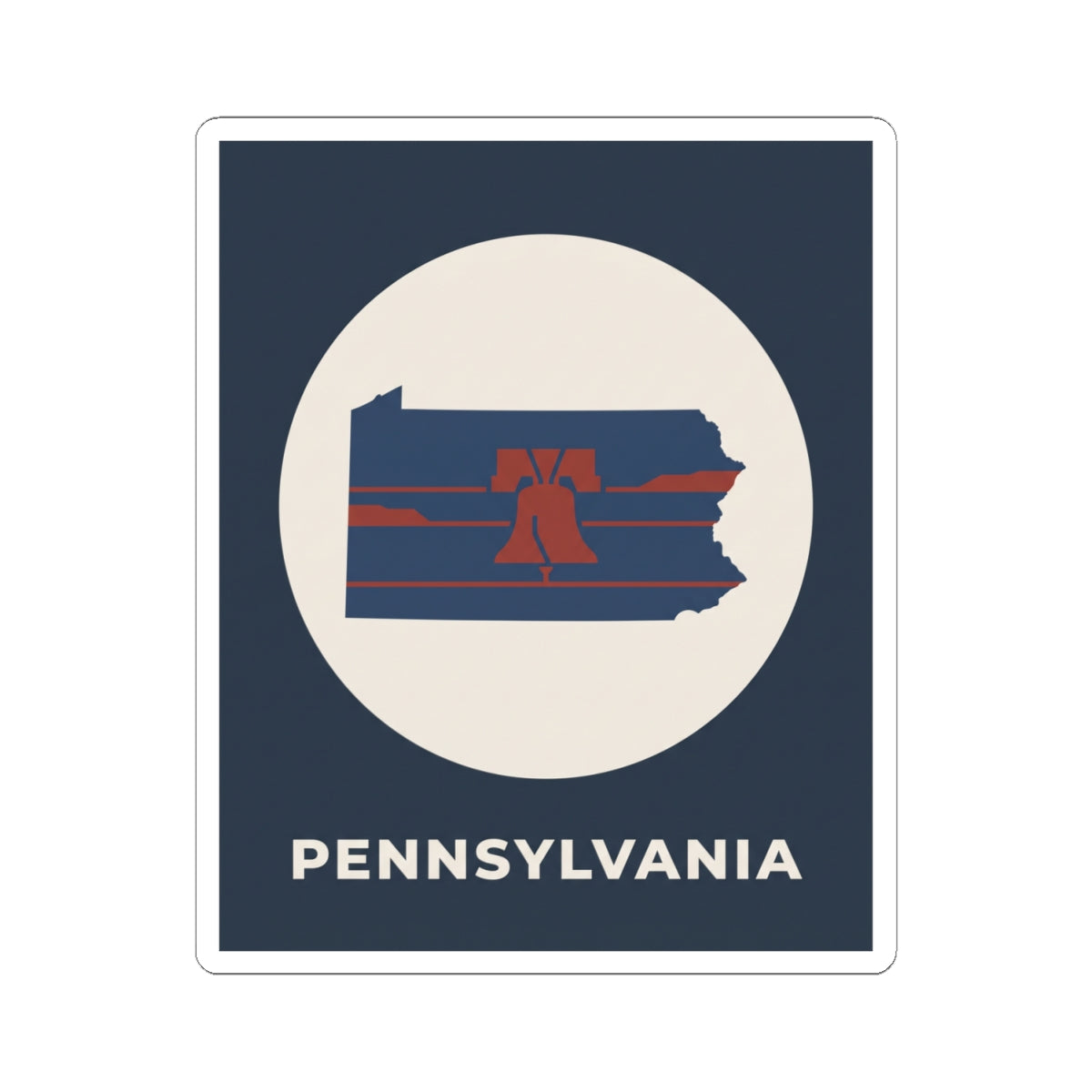 Navy rectangular sticker with white circle Pennsylvania map and Liberty Bell striped graphic, PENNSYLVANIA