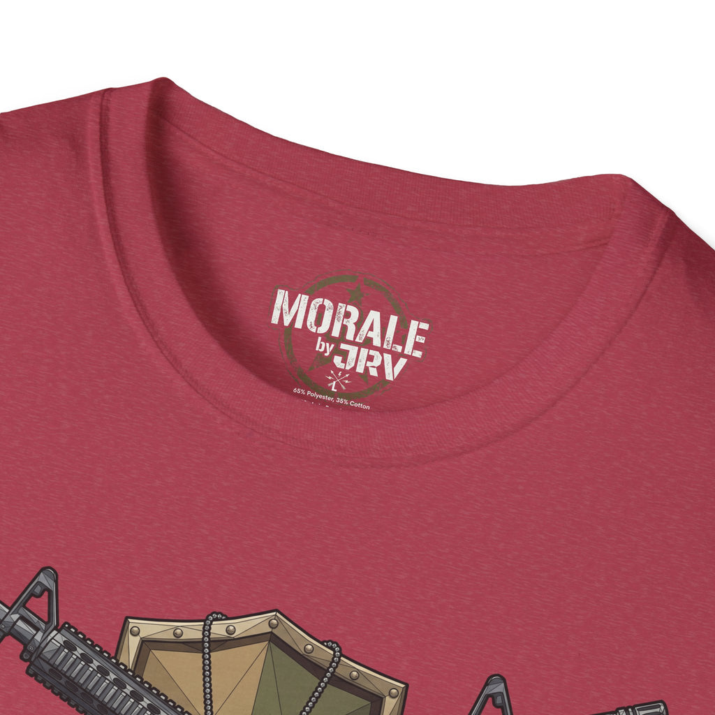 Camiseta burdeos con cuello redondo y logo "Morale by TR1" en el pecho