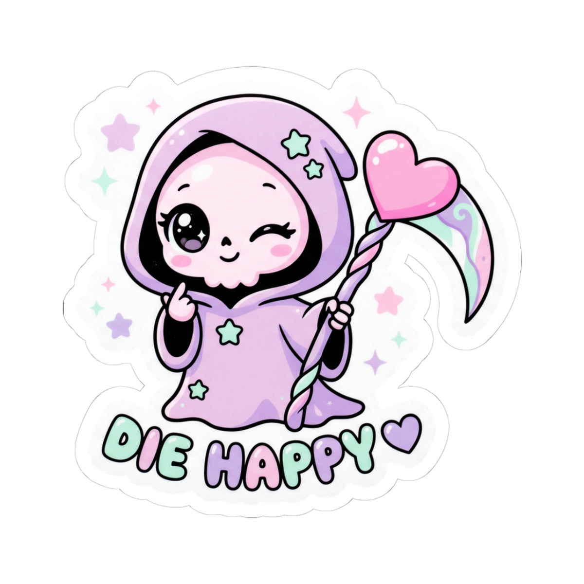 Cute grim reaper kiss-cut sticker: purple character holding a pink heart, “Die Happy”