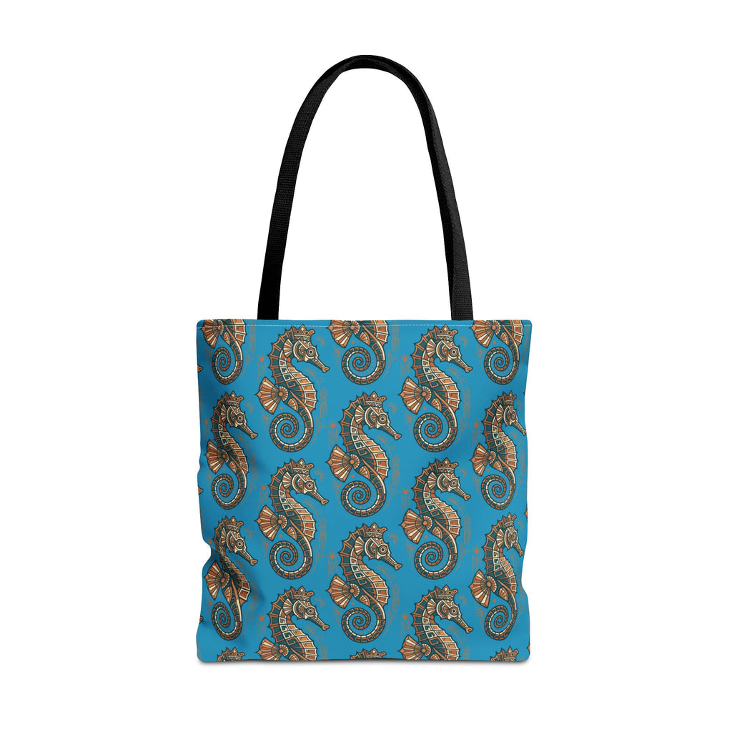 Ocean-blue tote bag with steampunk seahorses and gear motifs, black handles