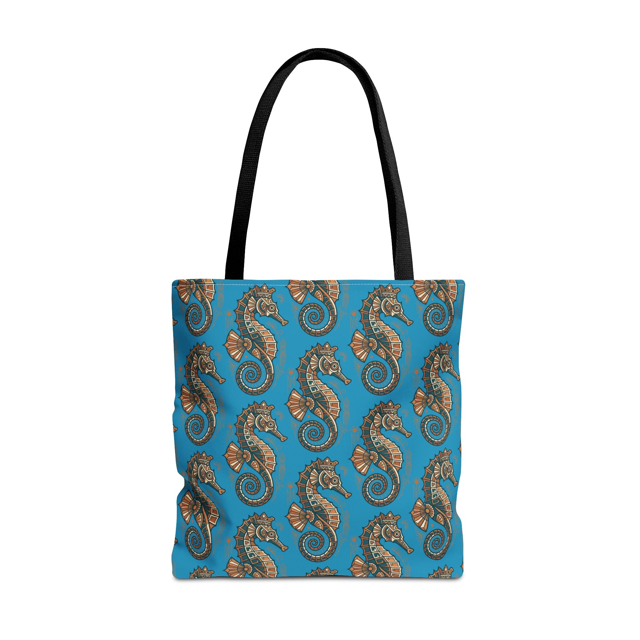 Ocean-blue tote bag with steampunk seahorses and gear motifs, black handles