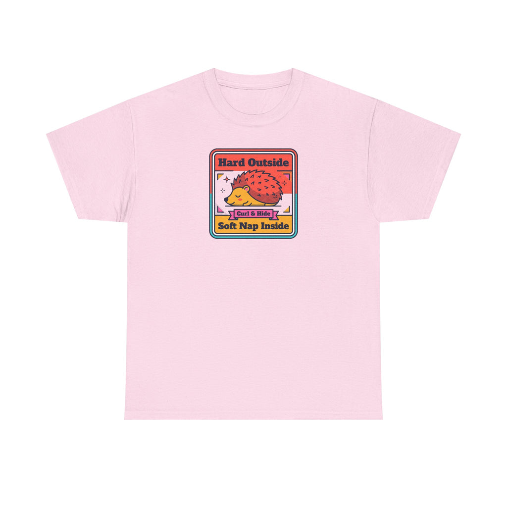 Light pink T-shirt with colorful hedgehog graphic and “Hard Outside Soft Nap Inside” text