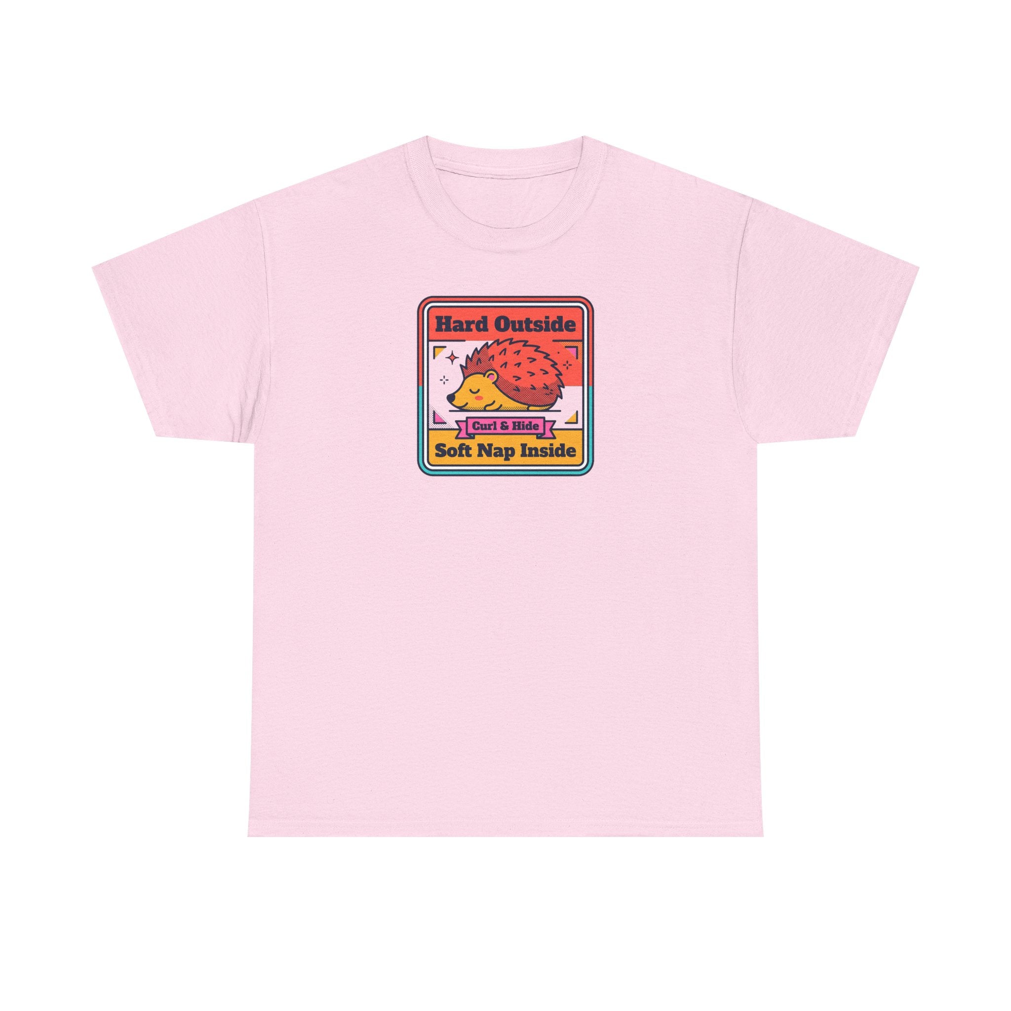 Light pink T-shirt with colorful hedgehog graphic and “Hard Outside Soft Nap Inside” text