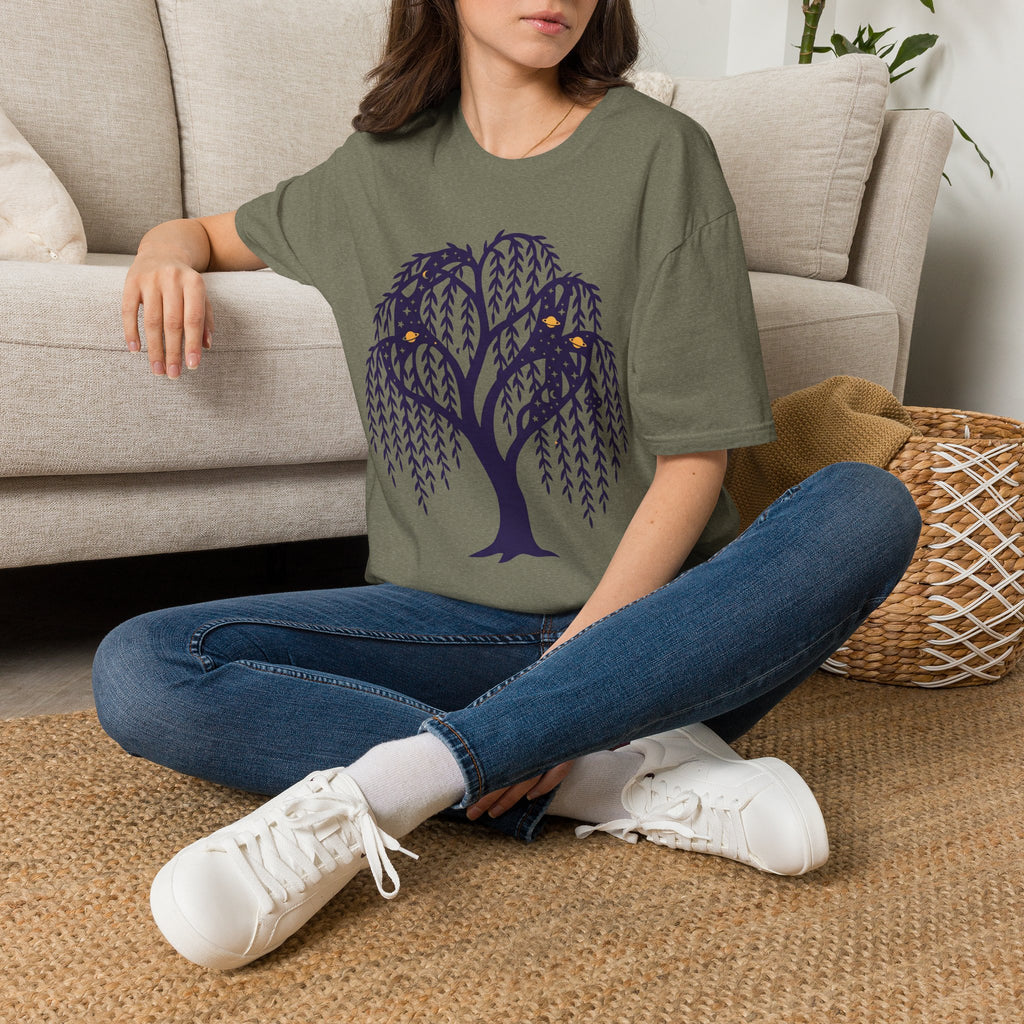 Dark green unisex t-shirt with blue-purple tree graphic on the chest