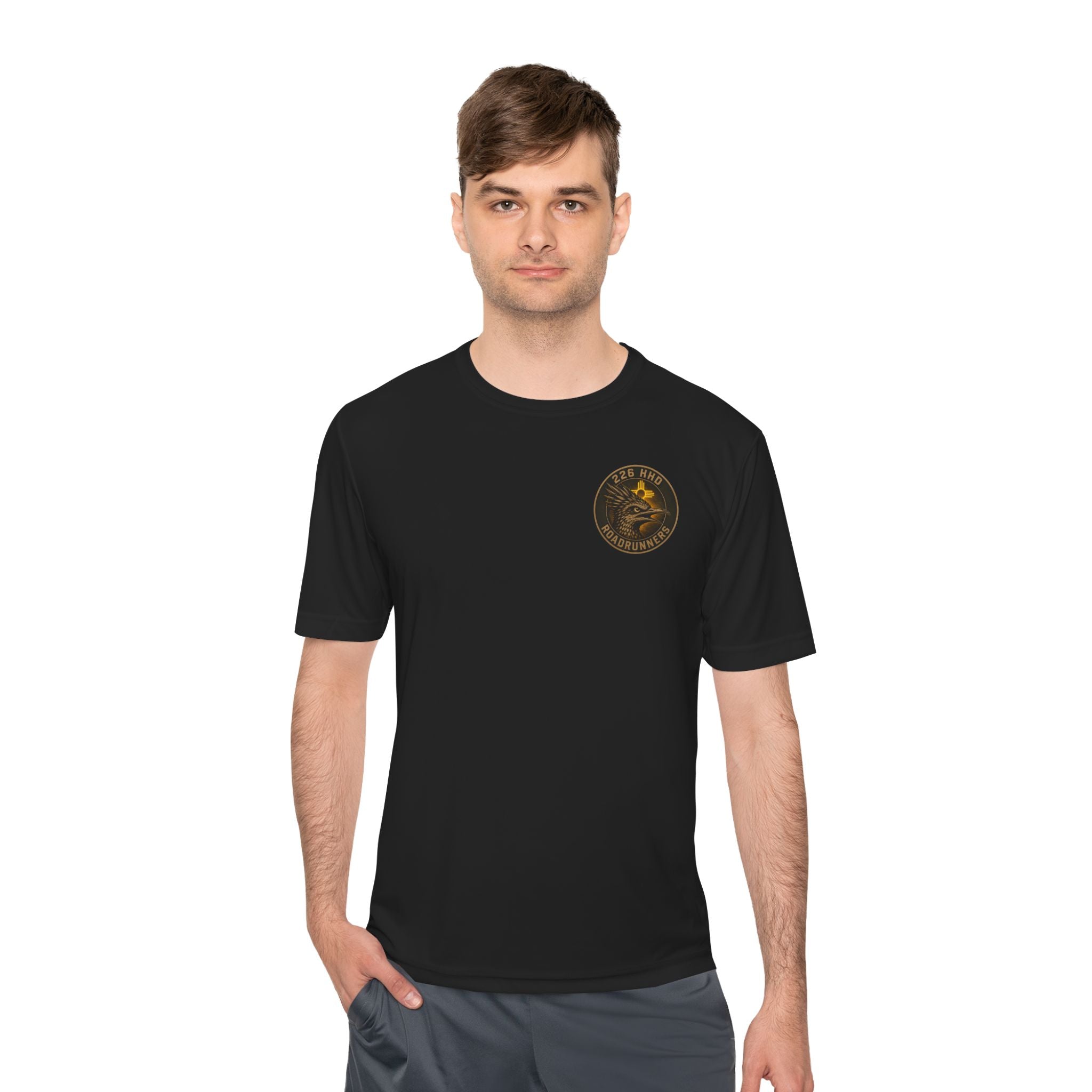 Black crewneck T-shirt with small chest emblem, short sleeves