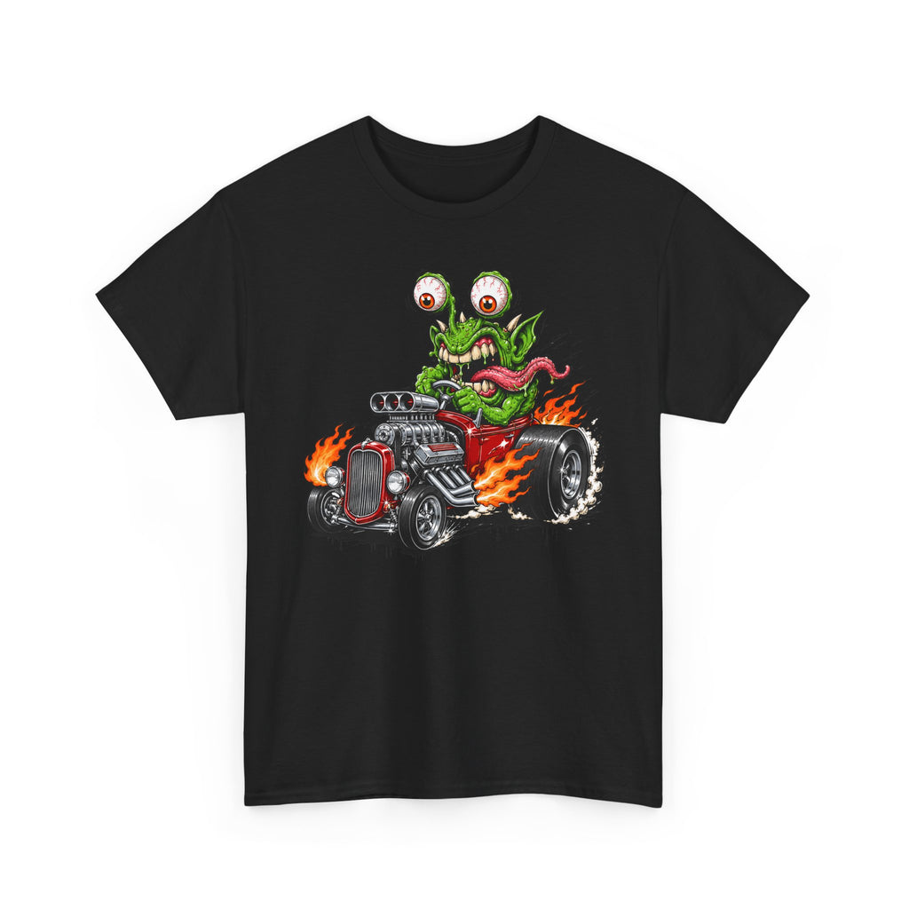 Black crew-neck hot rod tee with wild-eyed monster on car graphic, short sleeves