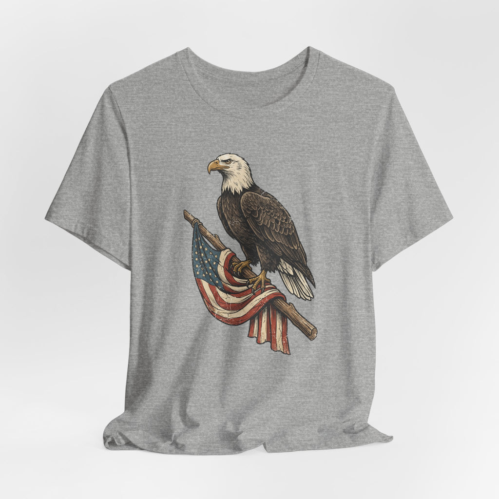 Dark gray heather bald eagle graphic t-shirt with flag ribbon print