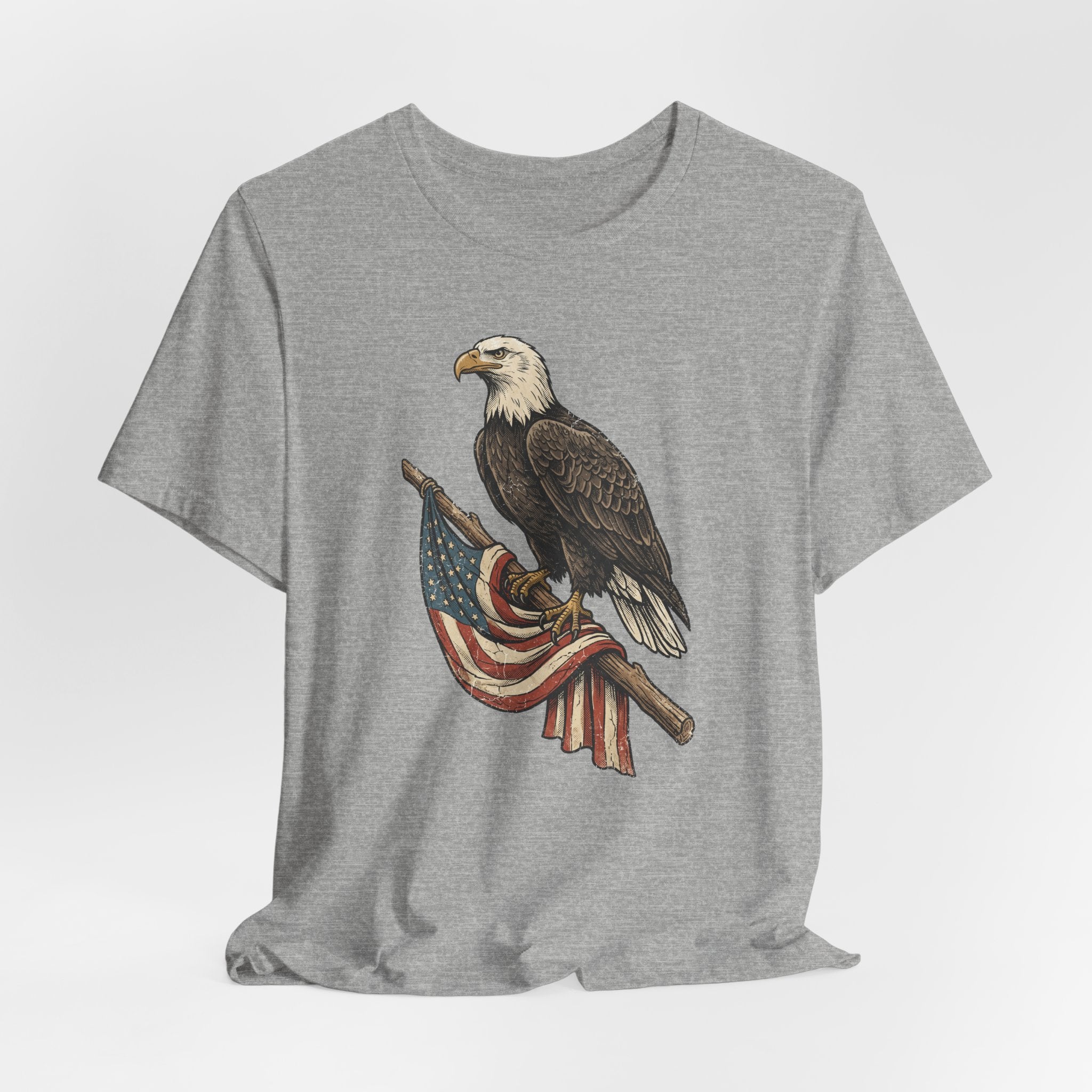 Dark gray heather bald eagle graphic t-shirt with flag ribbon print