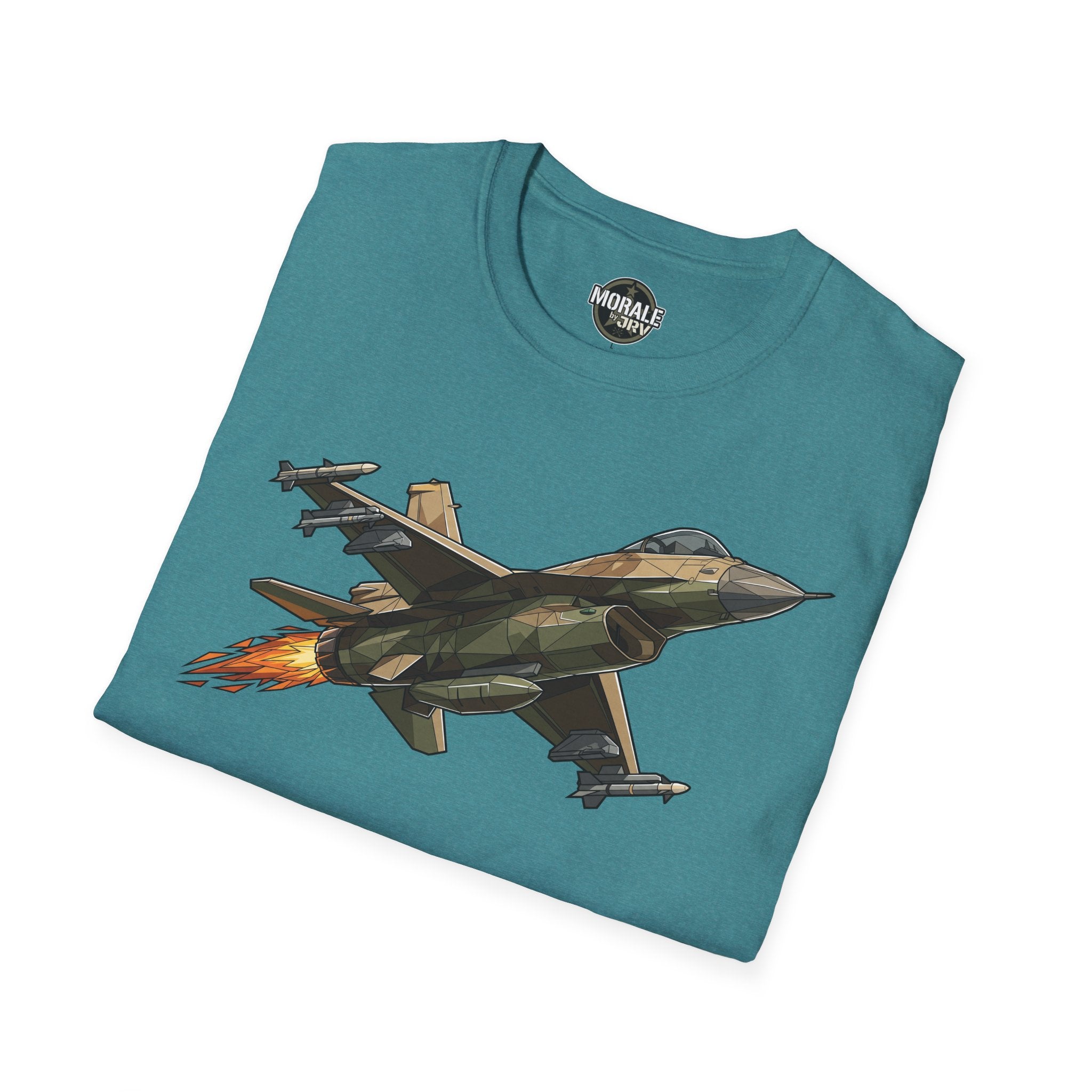 Teal T-shirt with fighter jet graphic and “Morale by Jri” logo