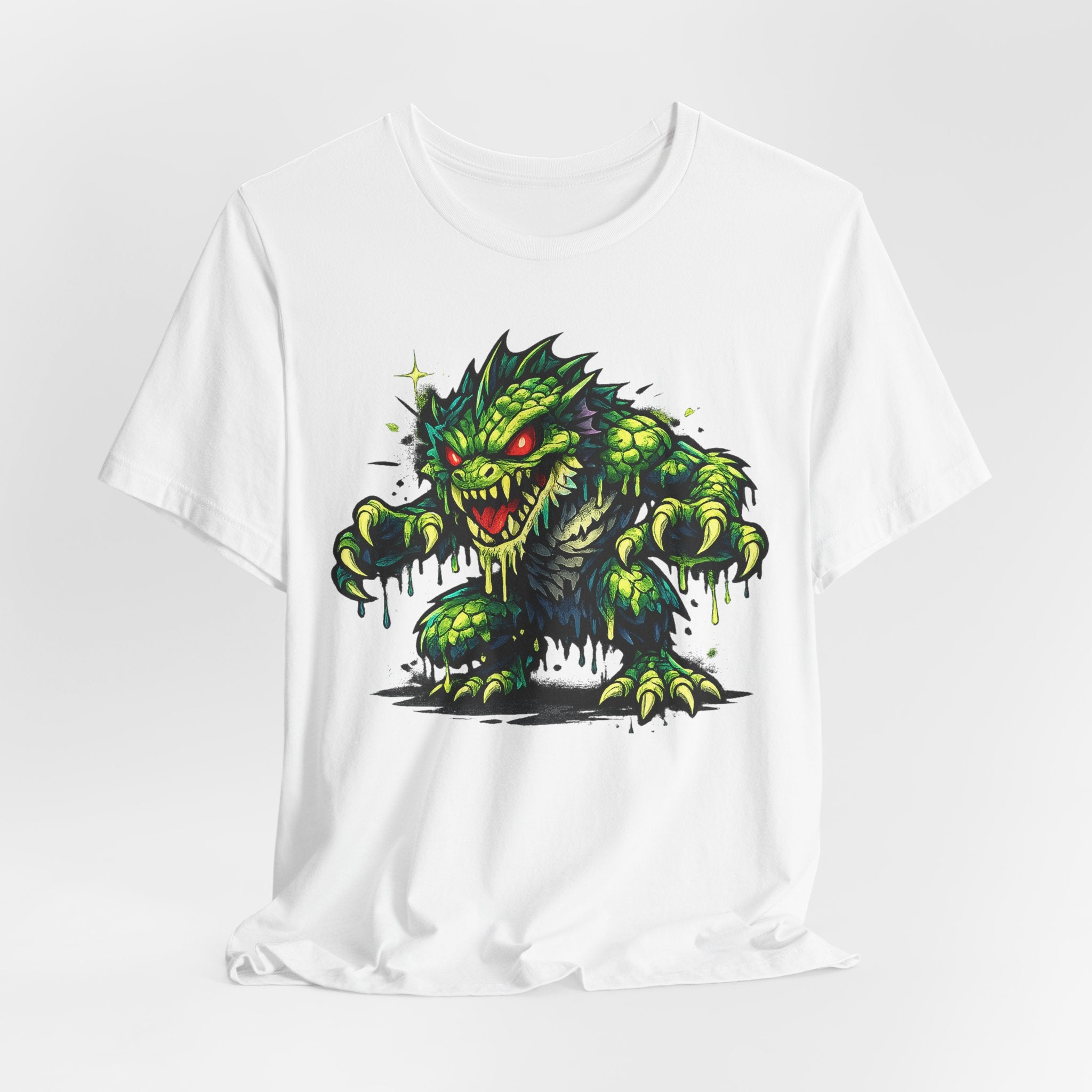 White T-shirt with green swamp monster illustration front graphic.