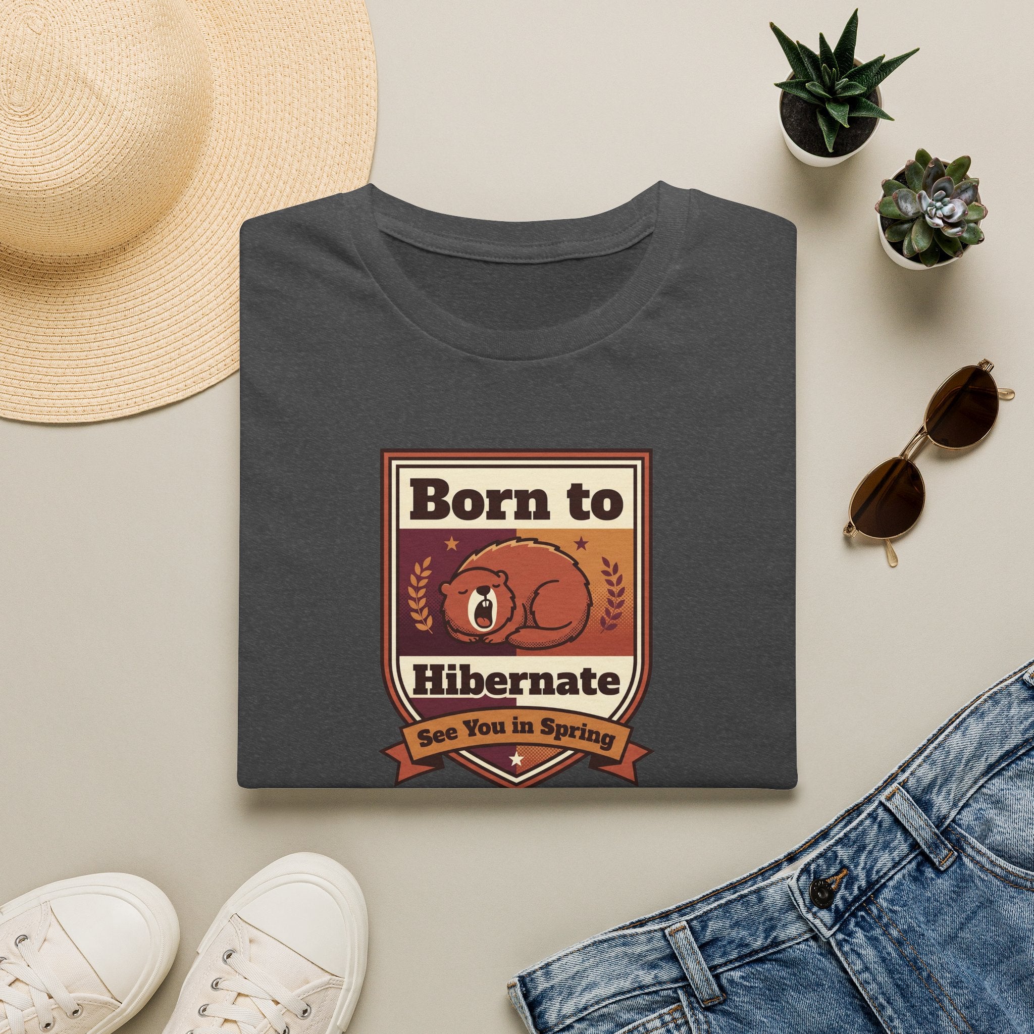 Dark gray graphic T-shirt with centered bear "Born to Hibernate" badge print