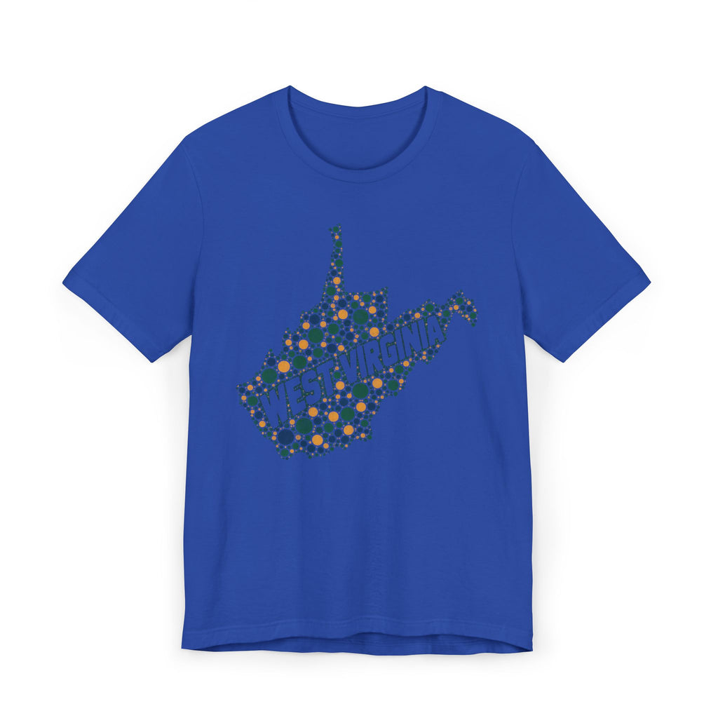 Royal blue T-shirt with dotted West Virginia map and “WEST VIRGINIA” text graphic