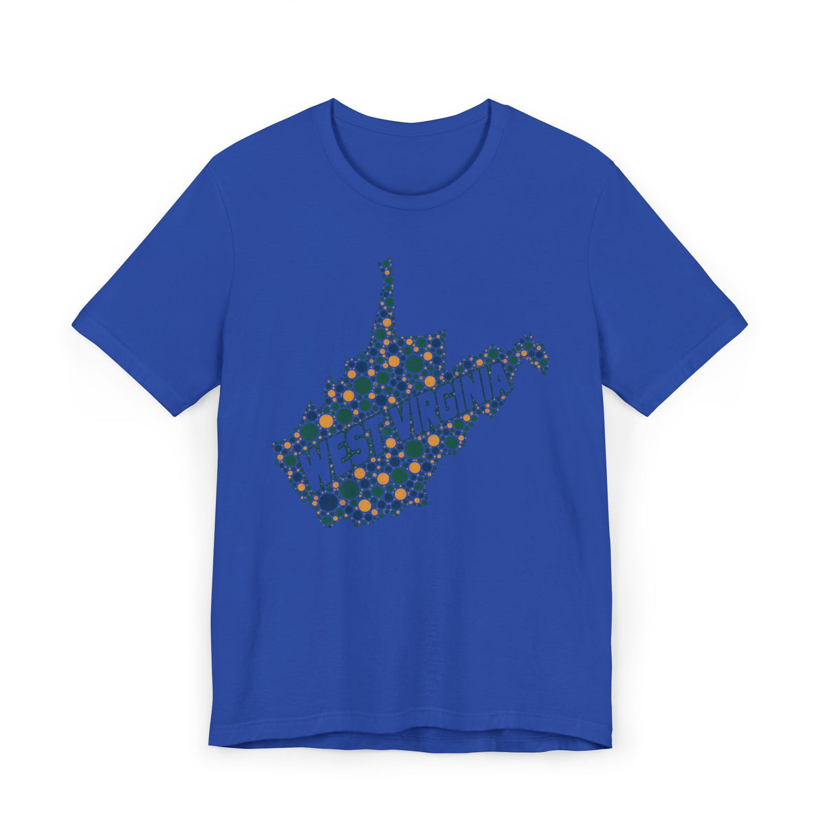 Royal blue T-shirt with dotted West Virginia map and “WEST VIRGINIA” text graphic