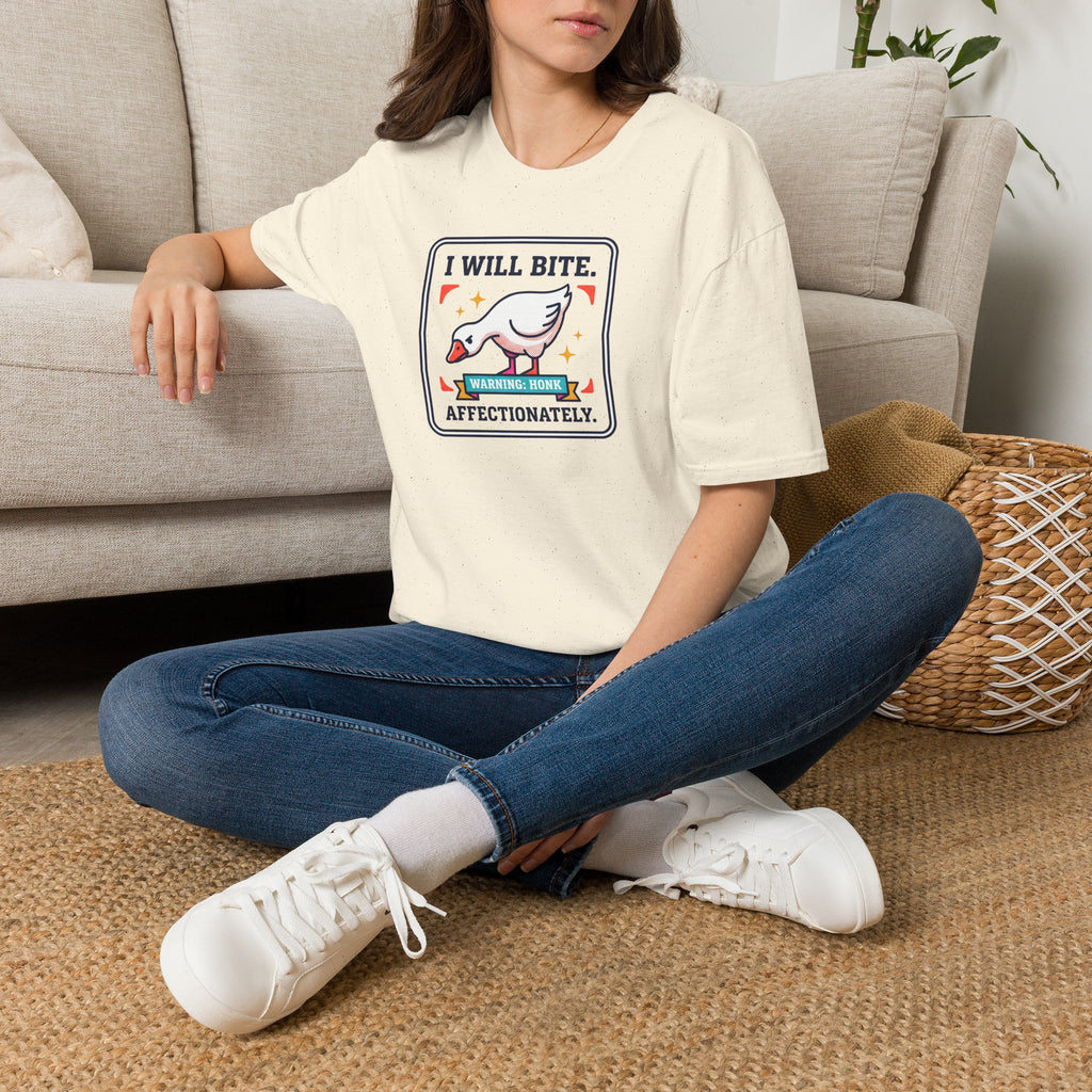 Cream T-shirt with goose warning graphic and 'I will bite' text