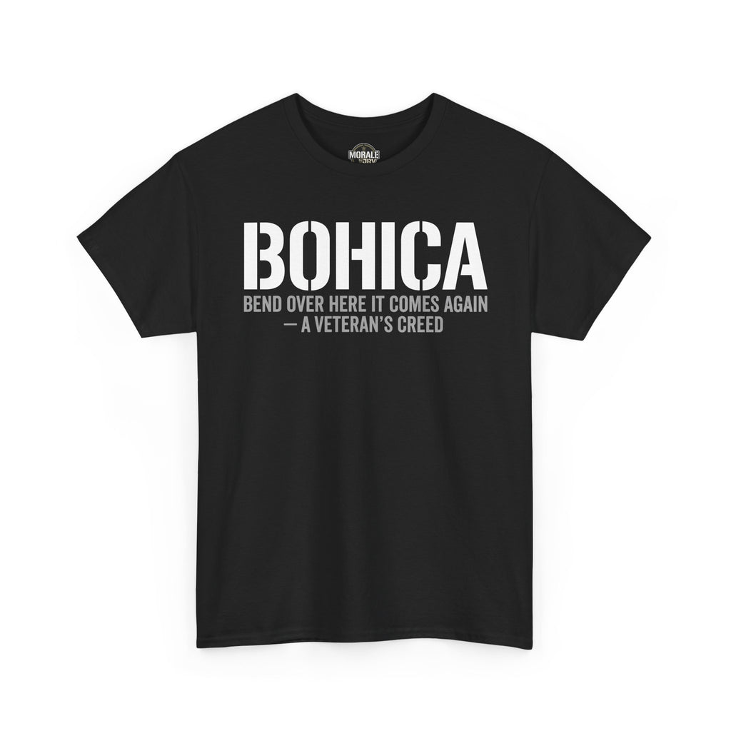 Black BOHICA graphic T-shirt with BOHICA and creed text front print