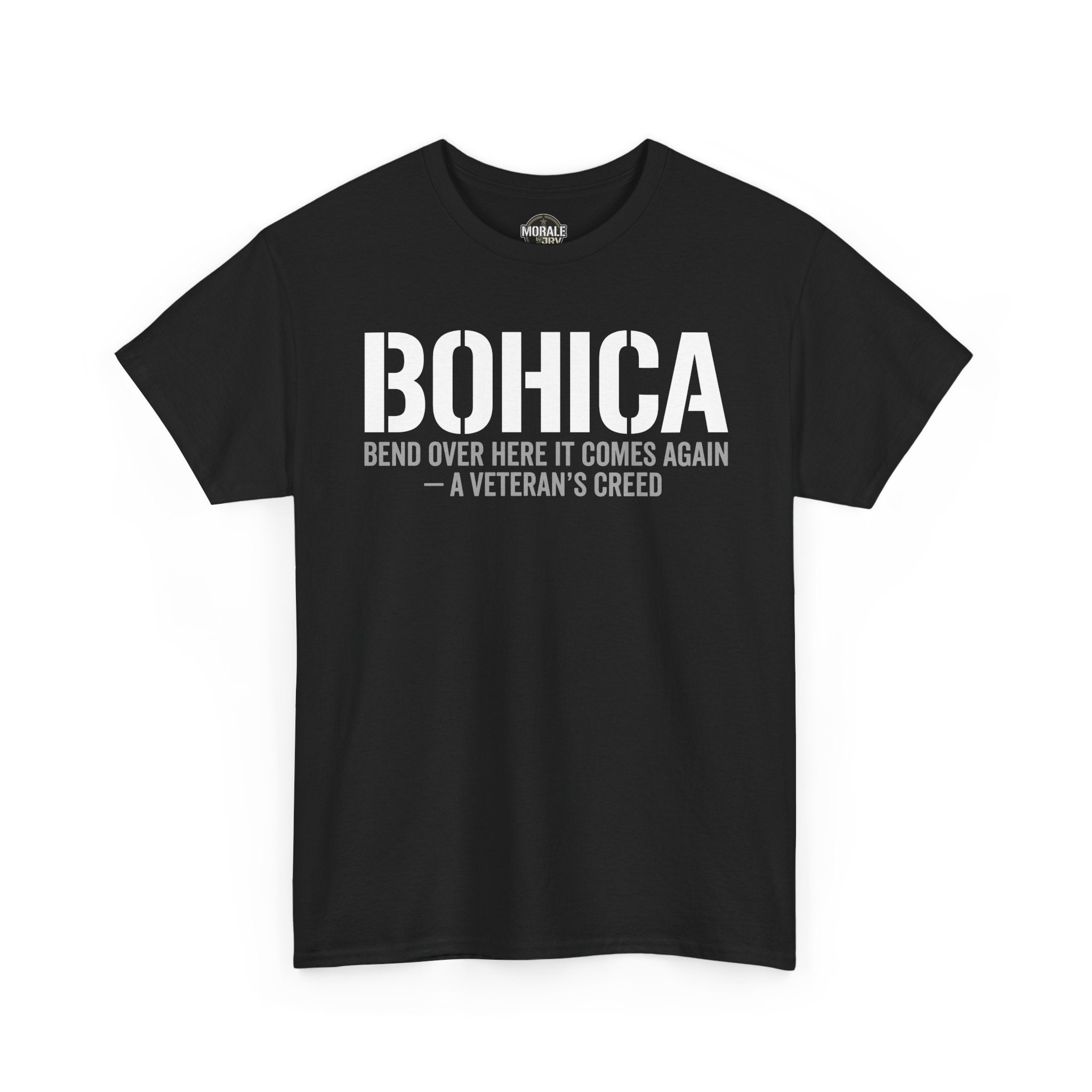 Black BOHICA graphic T-shirt with BOHICA and creed text front print