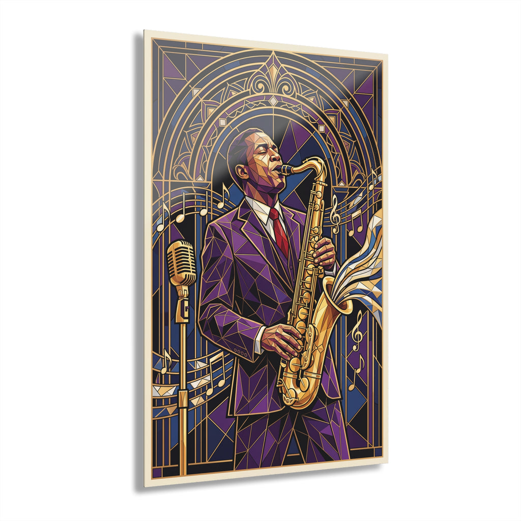 Geometric landscape acrylic print featuring a saxophonist within an ornate gold geometric arch
