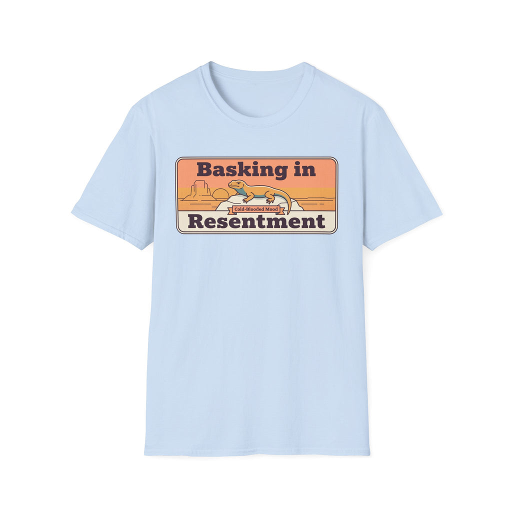 Light blue graphic lizard T-shirt with desert scene text label