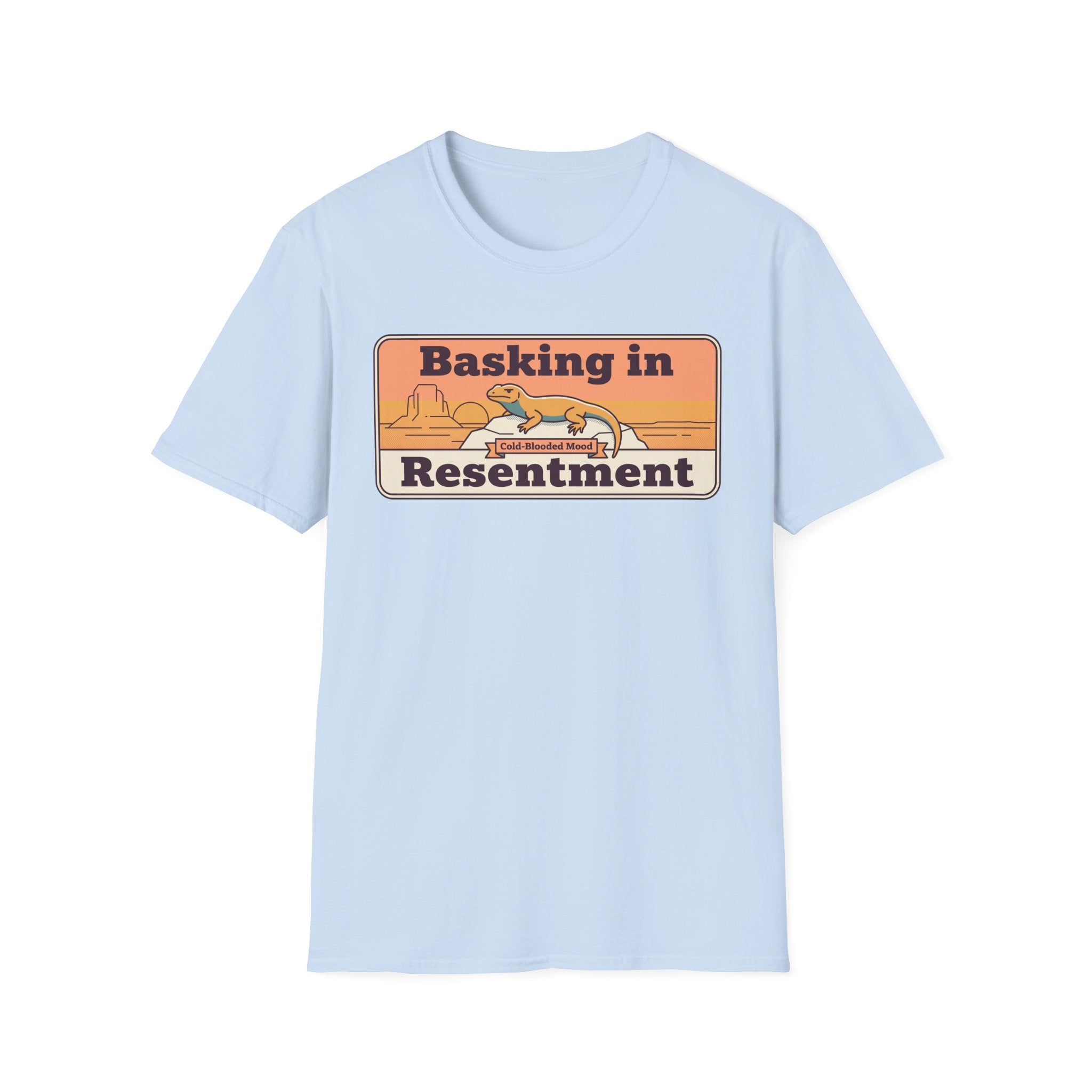 Light blue graphic lizard T-shirt with desert scene text label