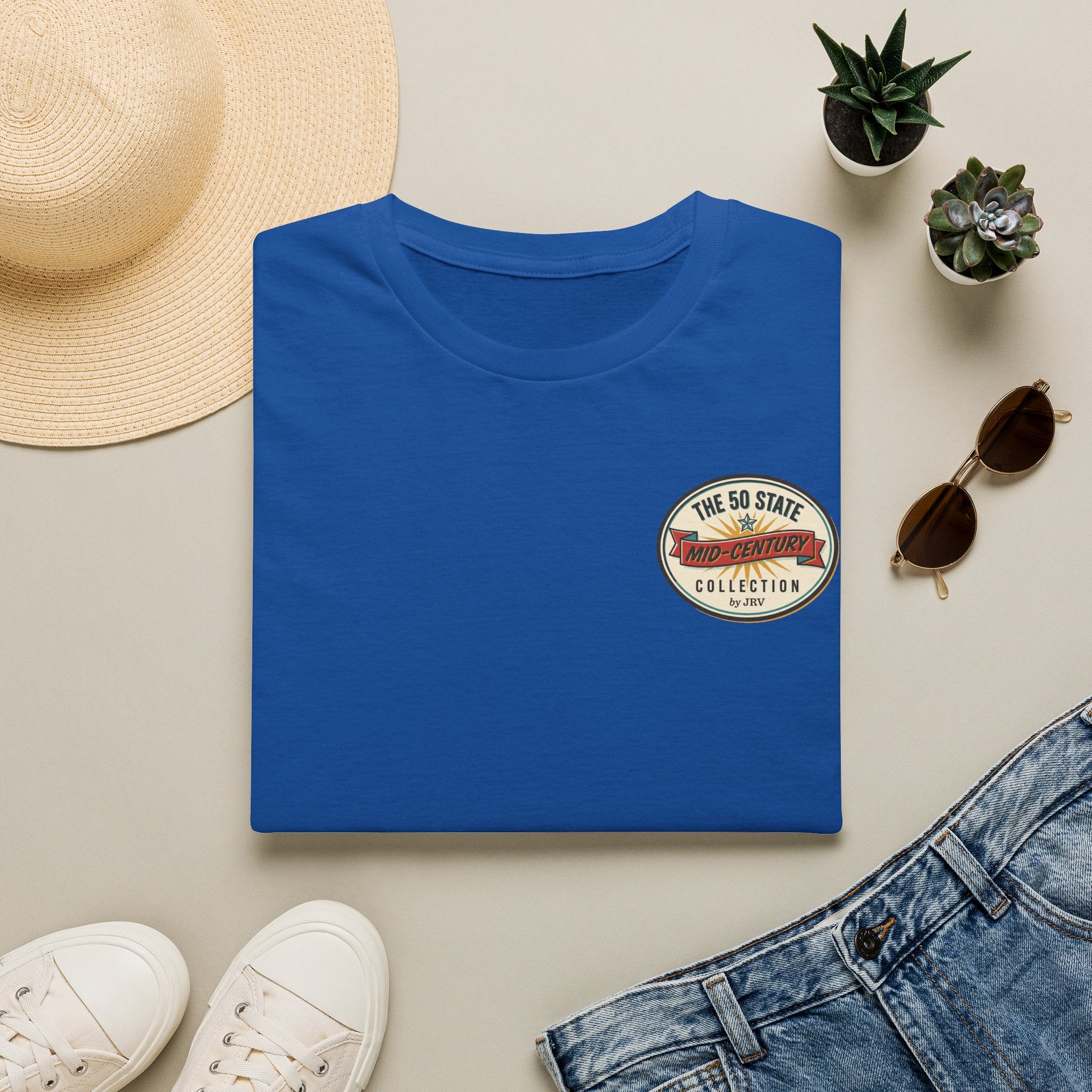 Royal blue crew-neck T-shirt with round chest badge patch design